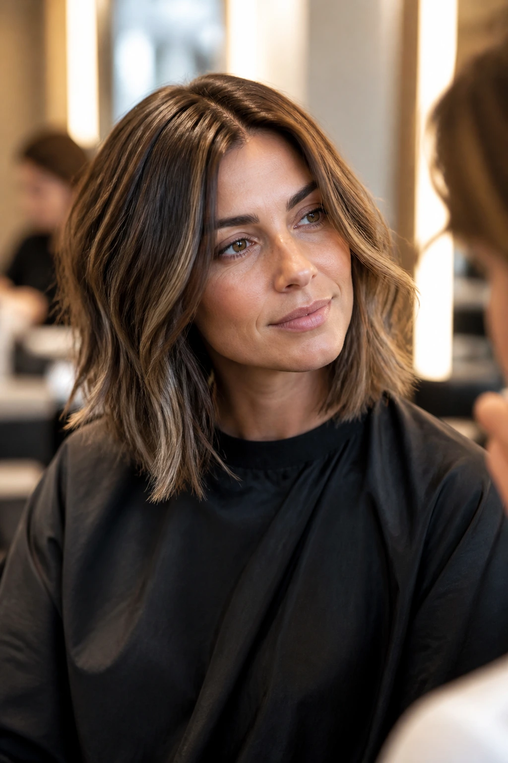 Real client in a salon chair with collarbone-length lob, contemplating styling guidance.