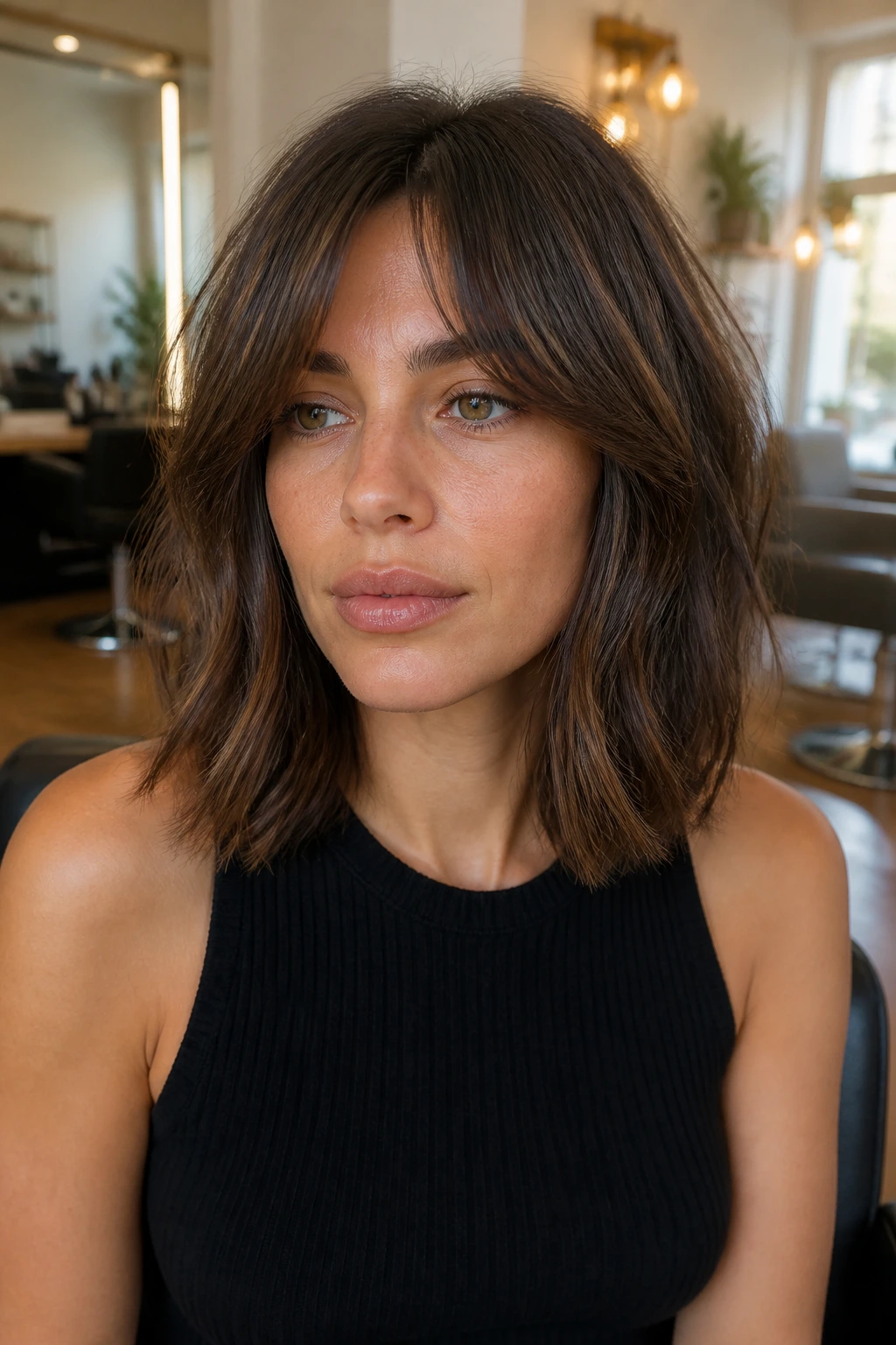Real woman in salon chair during consultation about curtain bangs and lob