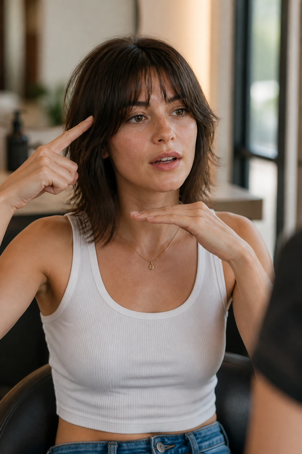 Close-up portrait of a client in a salon discussing haircut instructions before the first cut