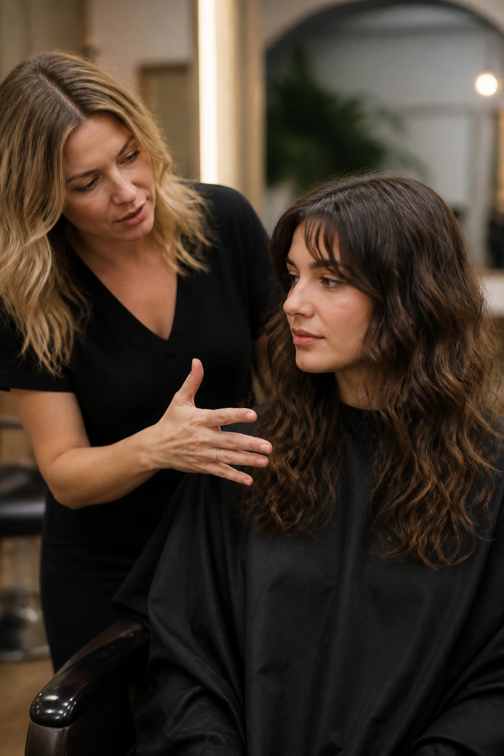Real person in salon chair during haircut consultation.