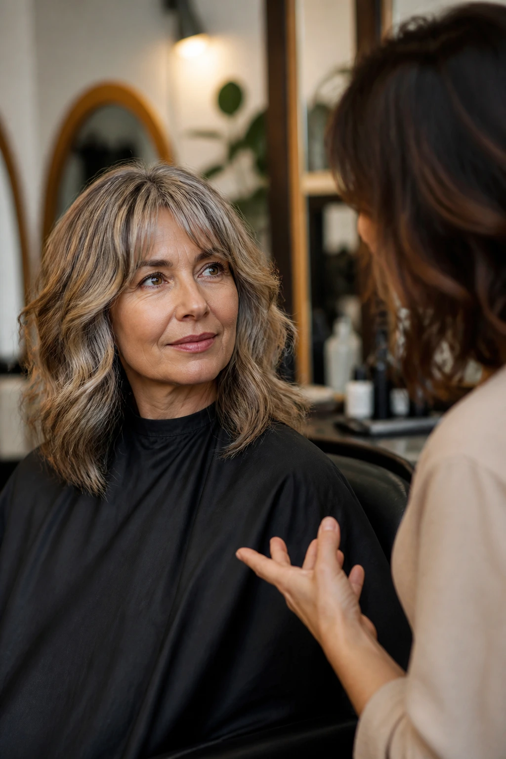 Woman consulting with stylist in salon chair about haircut