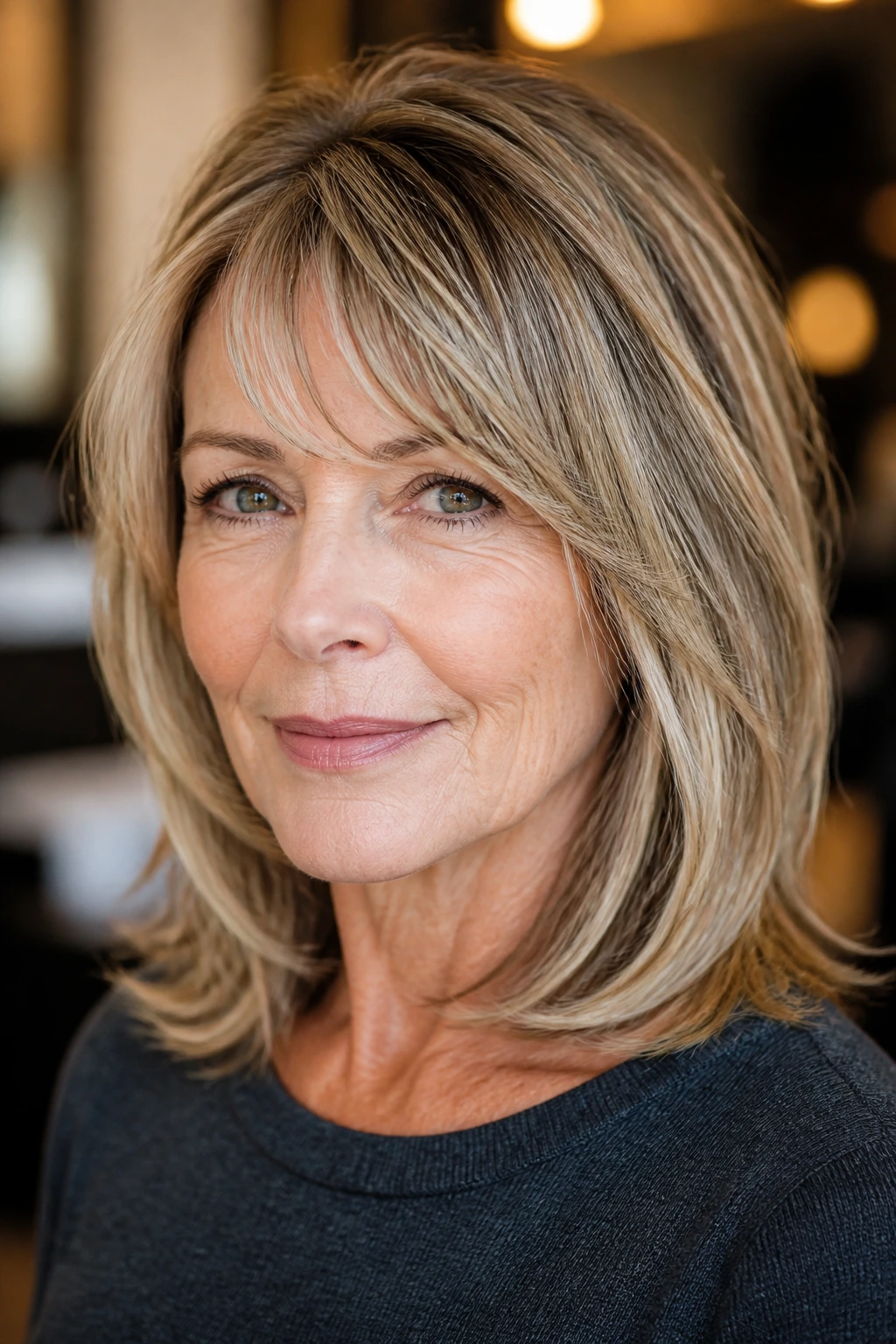 Portrait of a woman with a face-framing layered haircut in a salon-like setting