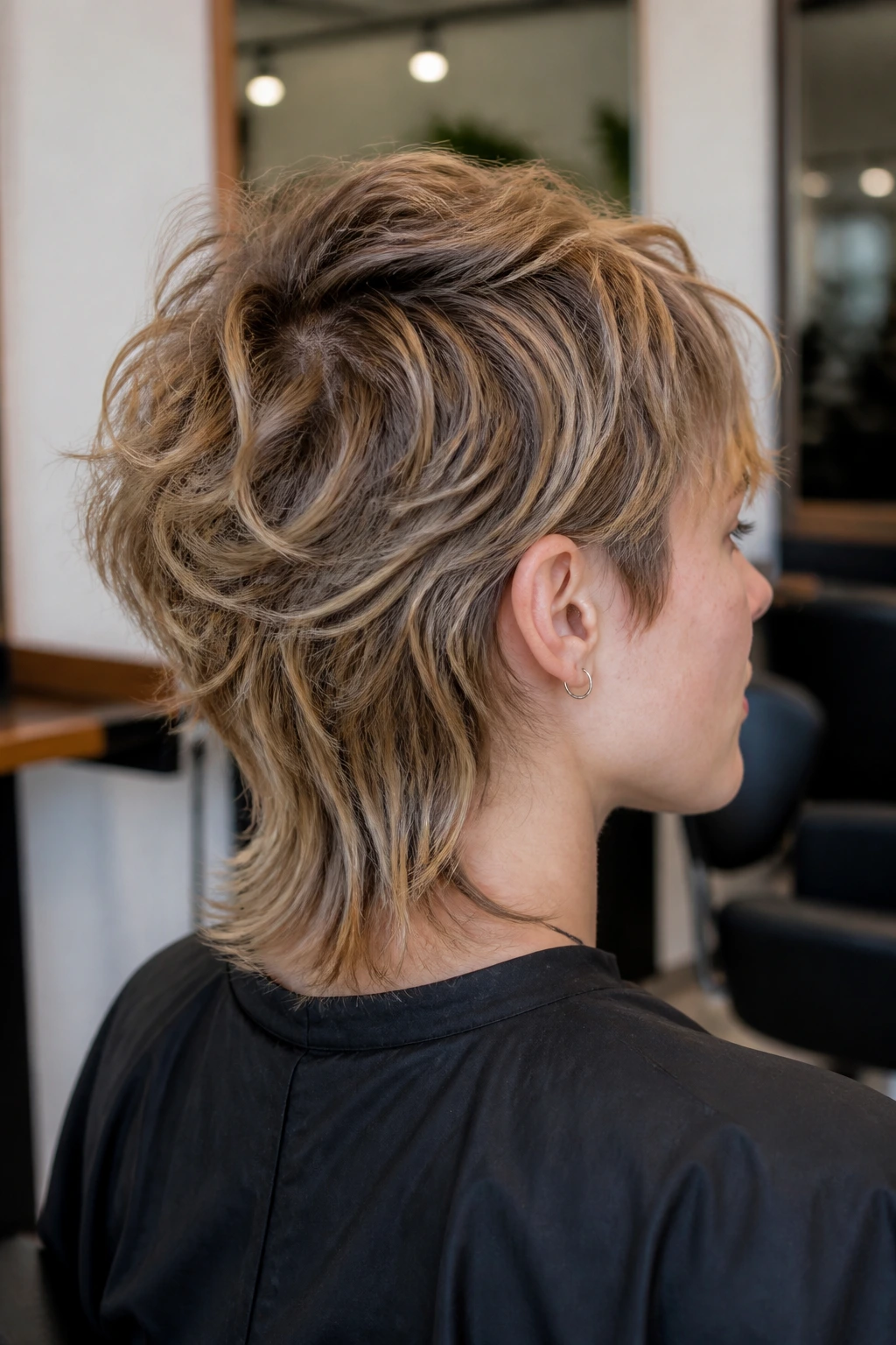 Portrait of client in a salon chair with visible nape and crown length guidance.