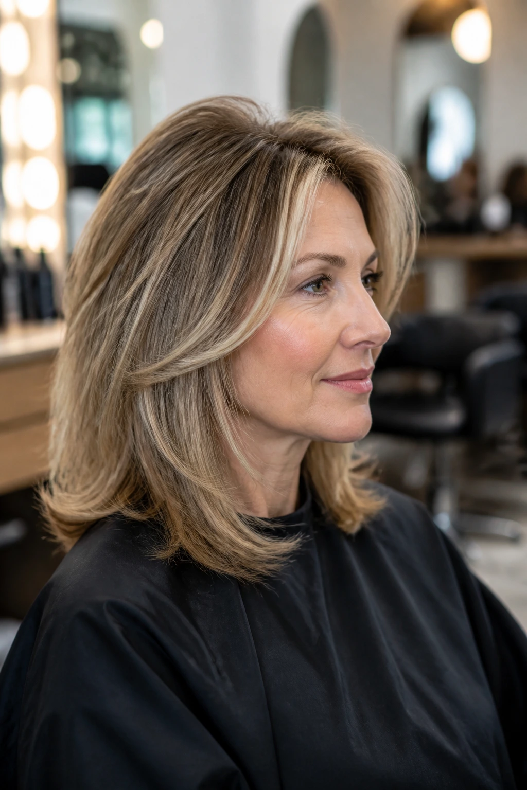 Portrait of real person in salon chair with perimeter fullness and crown lift hairstyle