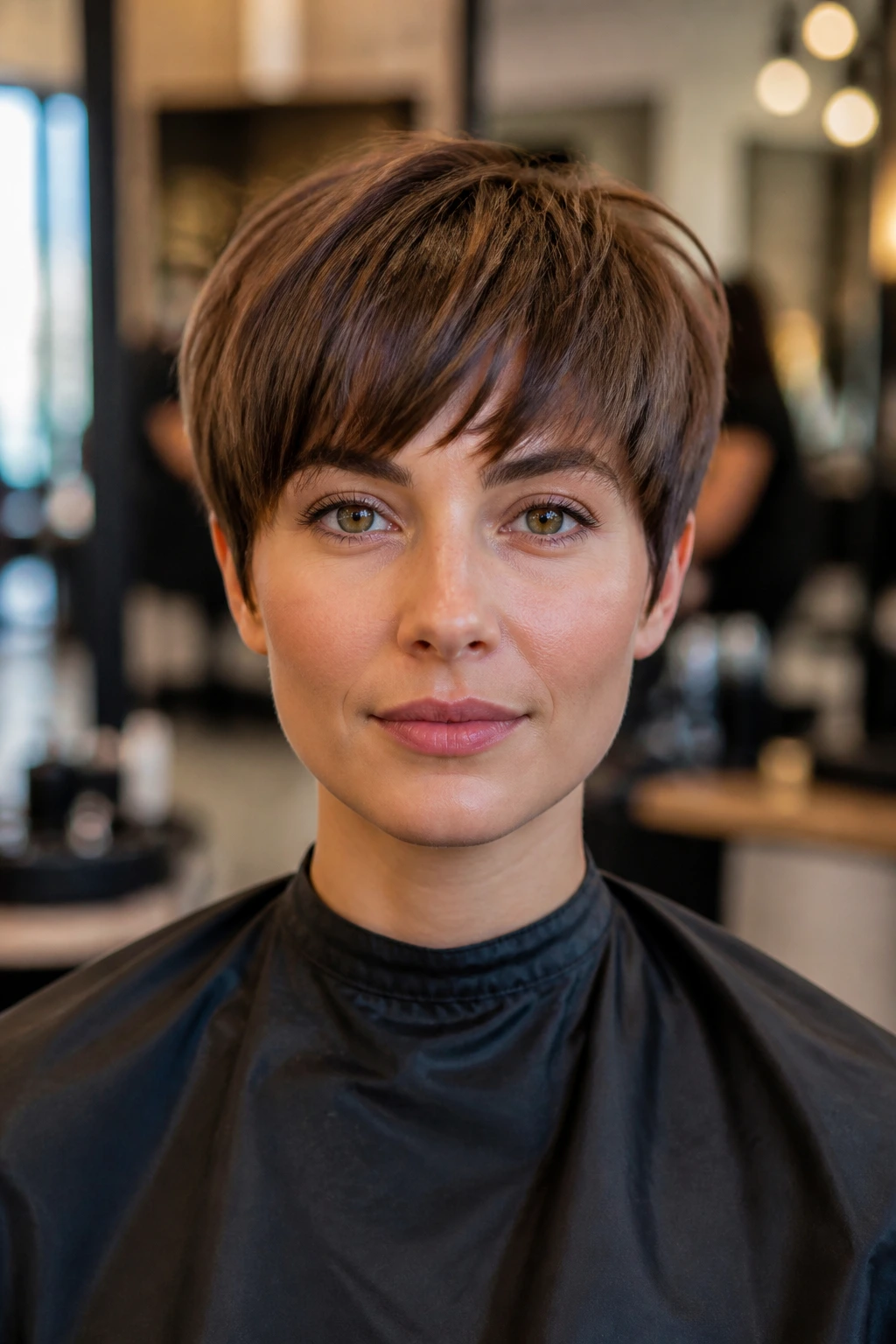 Portrait of a real woman with fringe consultation in a salon