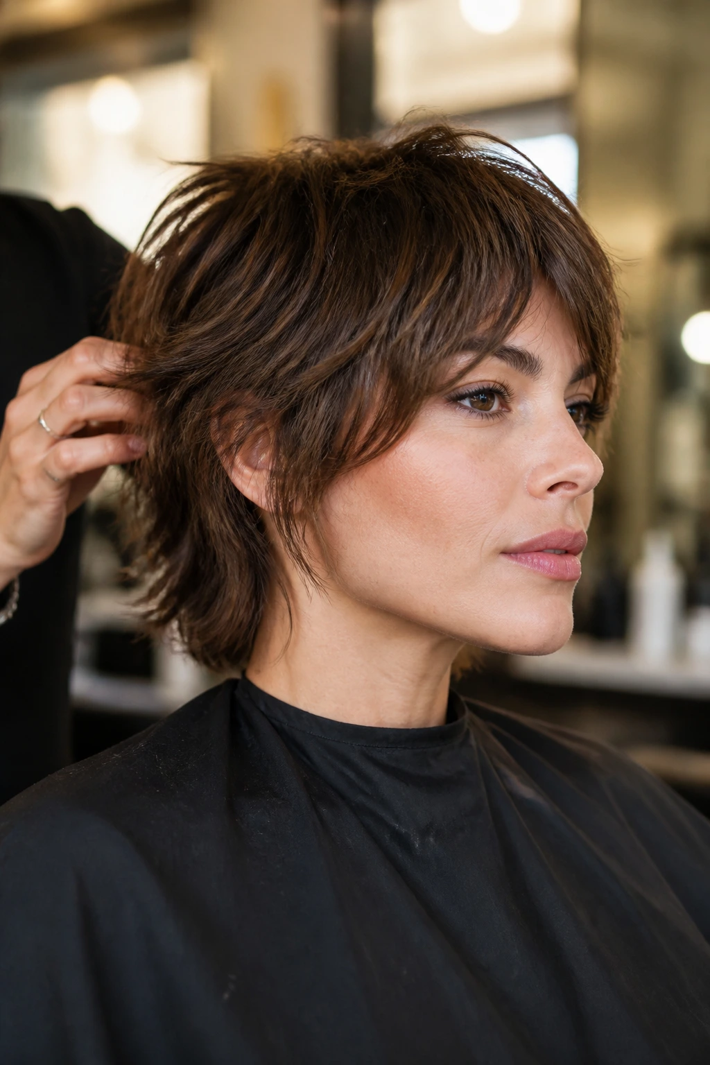 Close-up of a real woman in a salon chair with her jawline visible, preparing for the first cut