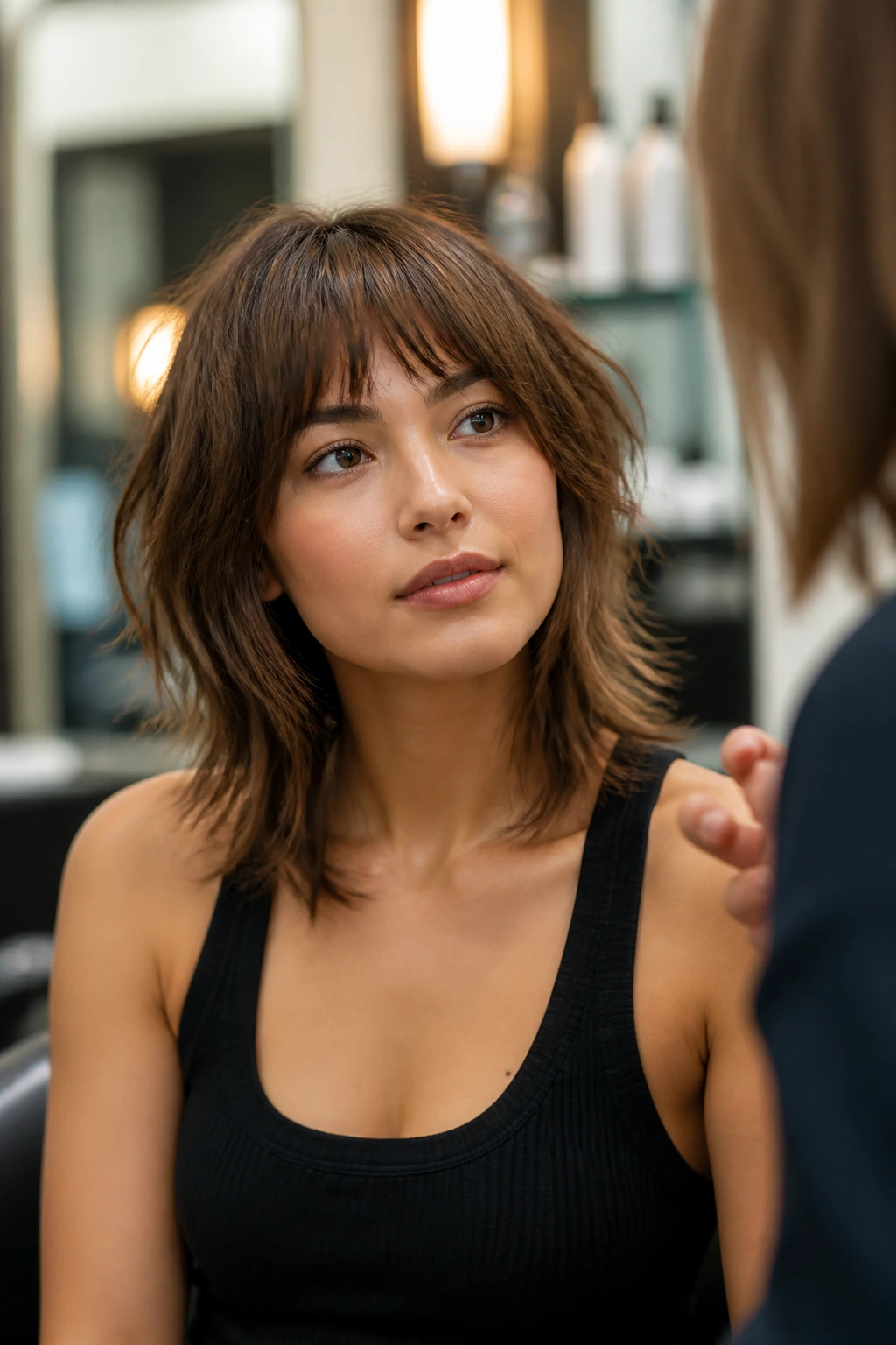 Close-up of a person in a salon consultation, discussing bangs and weight with their stylist