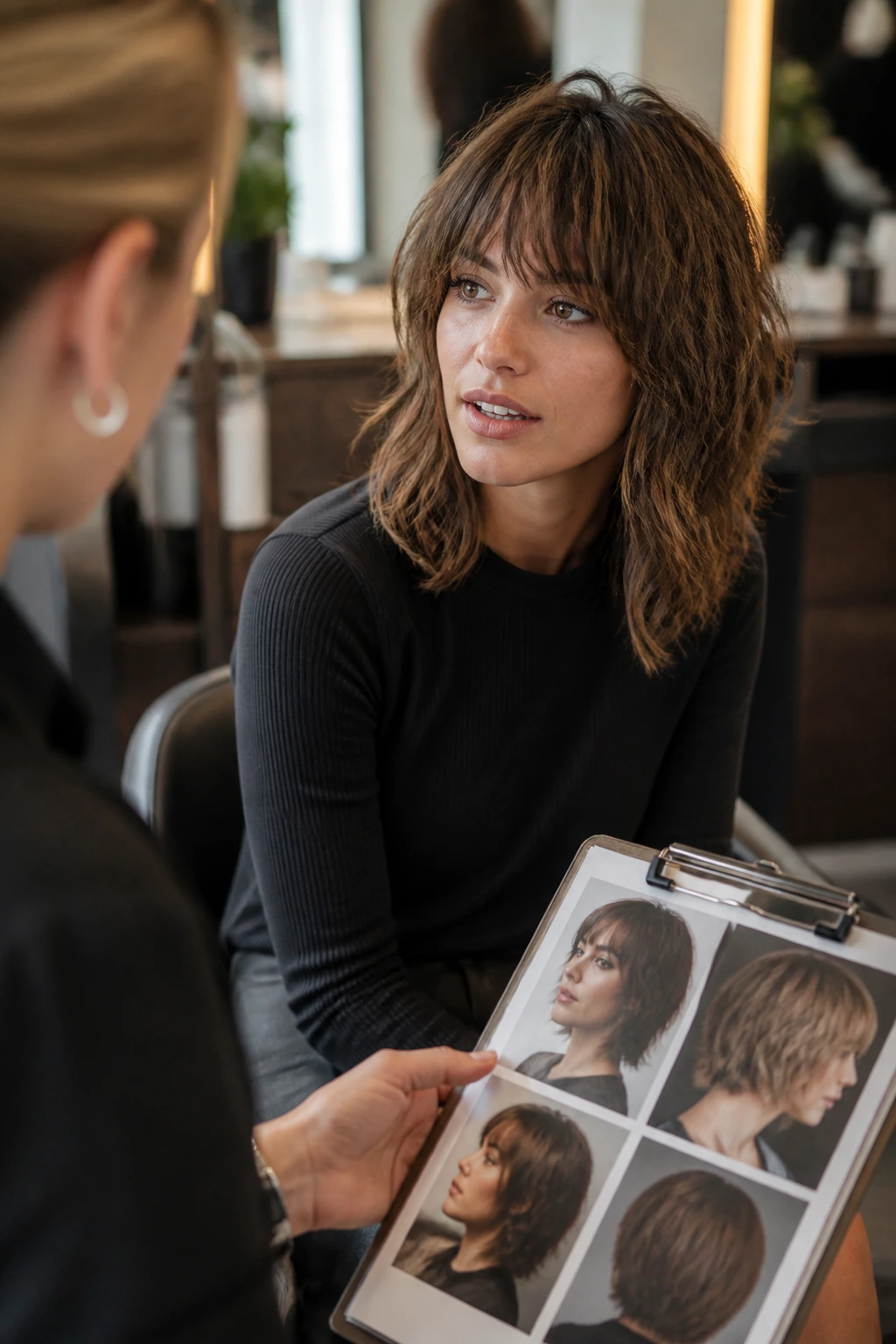 Real woman in salon discussing haircut details with stylist