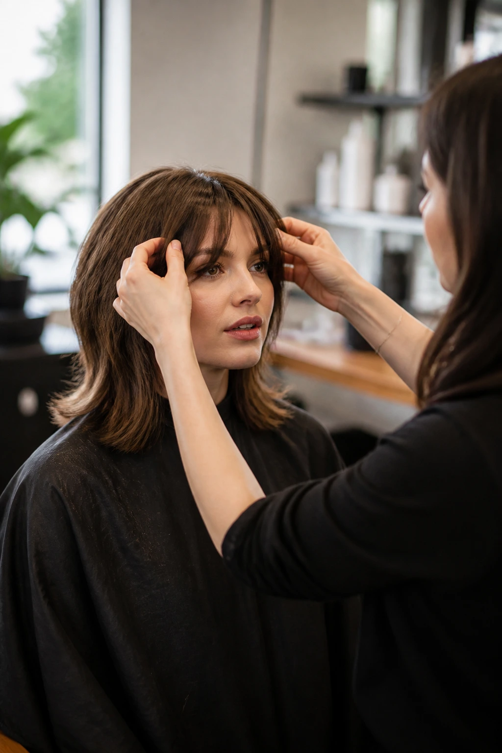 Portrait of a real woman in a salon chair discussing hairstyle with her stylist