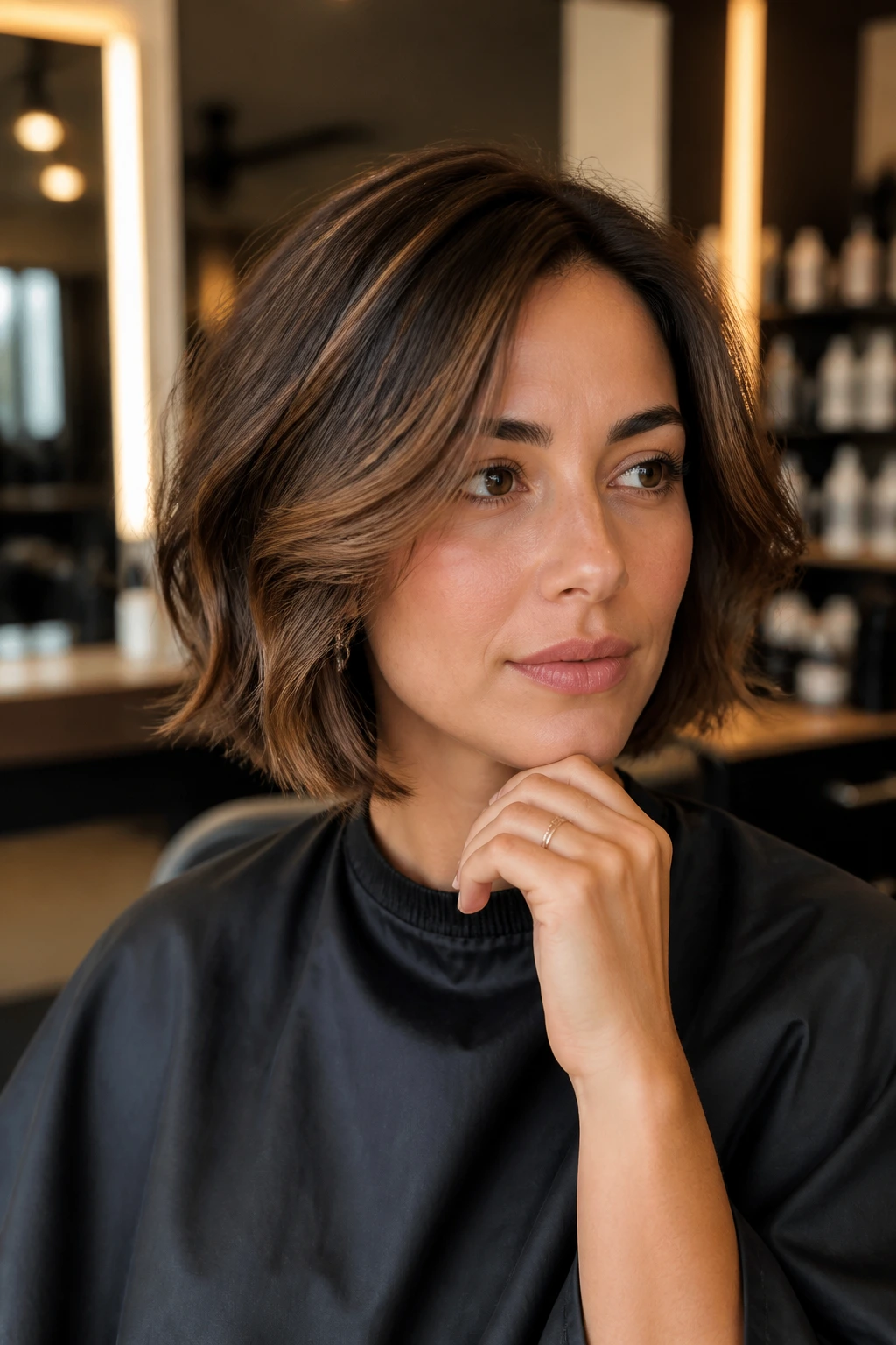 Portrait of a real woman considering questions about her layered bob before the first snip