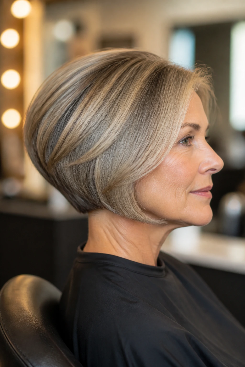 Portrait of a woman in a salon chair showing stacked bob silhouette