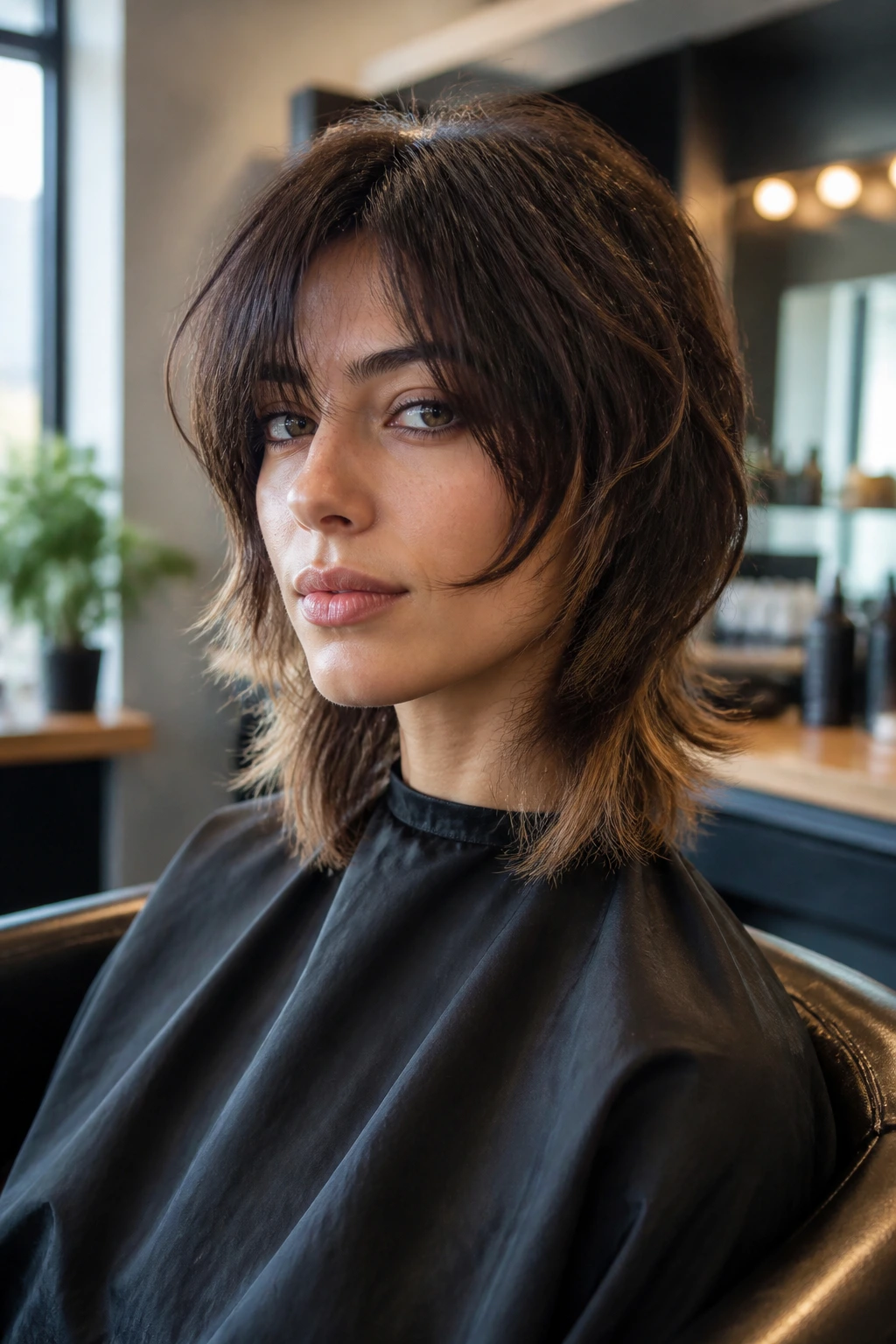 Close-up of client in a salon chair discussing wolf cut details