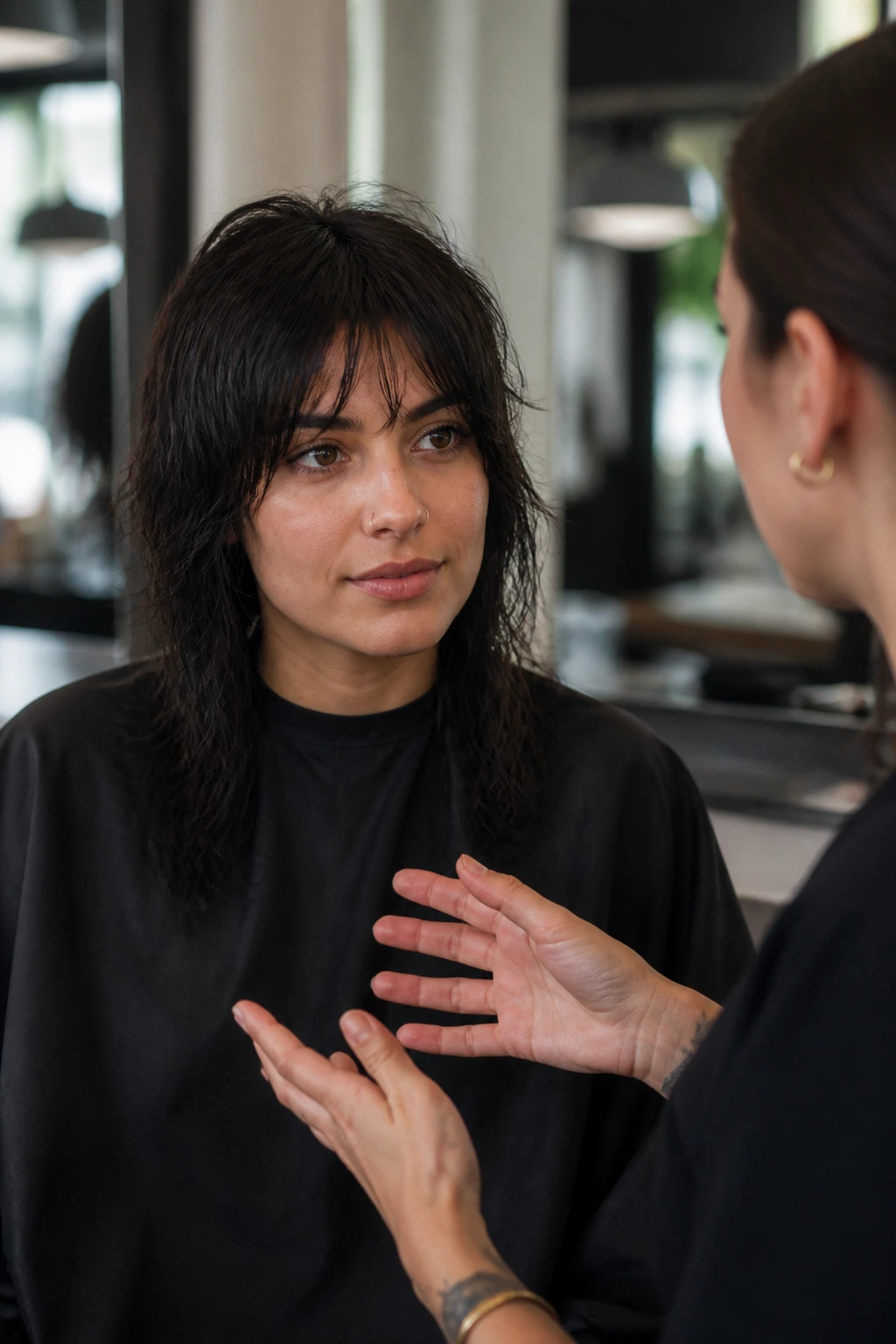 Real client in a salon consultation about a wolf cut with a stylist.