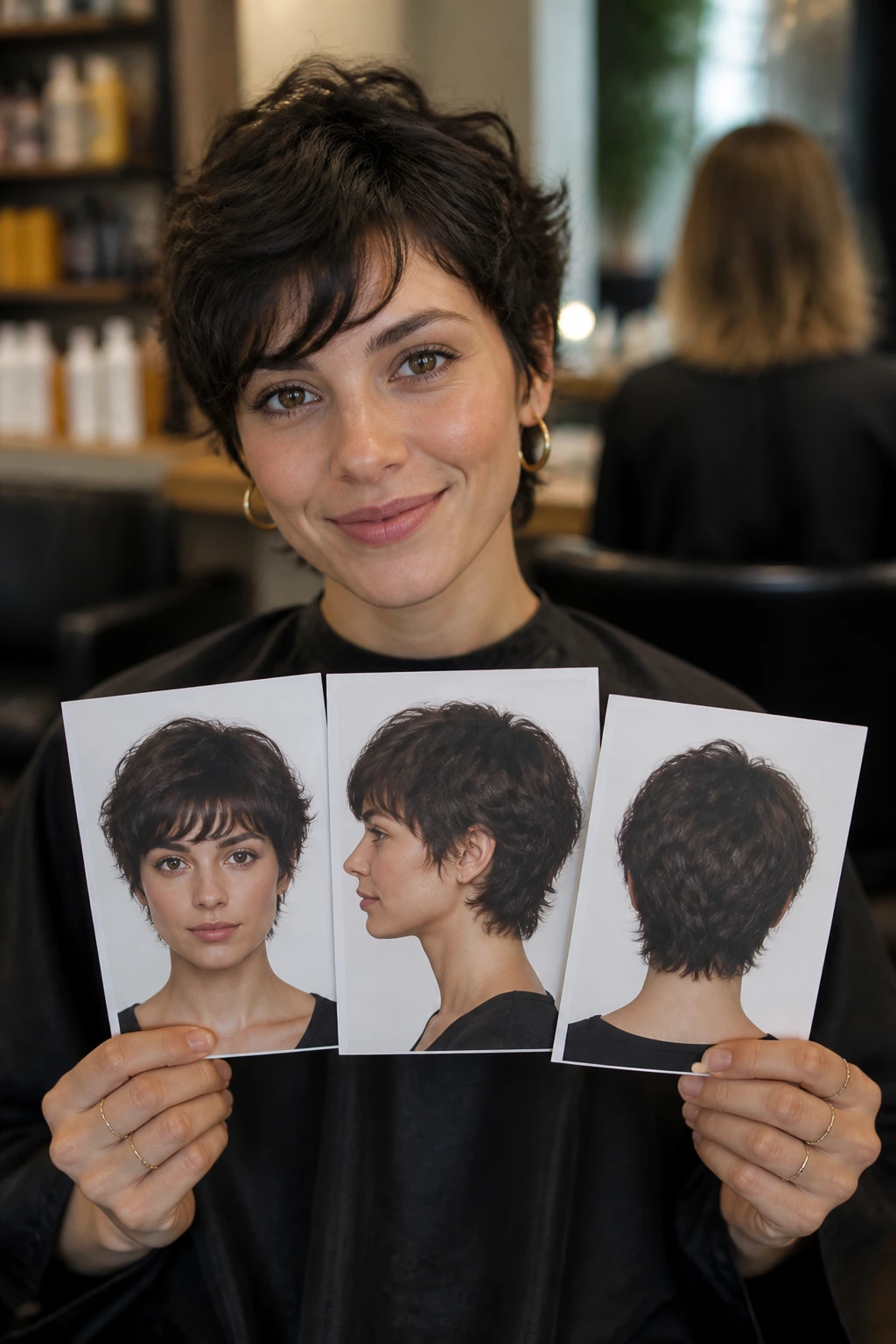 Person in a salon chair with reference photos discussing pixie outline