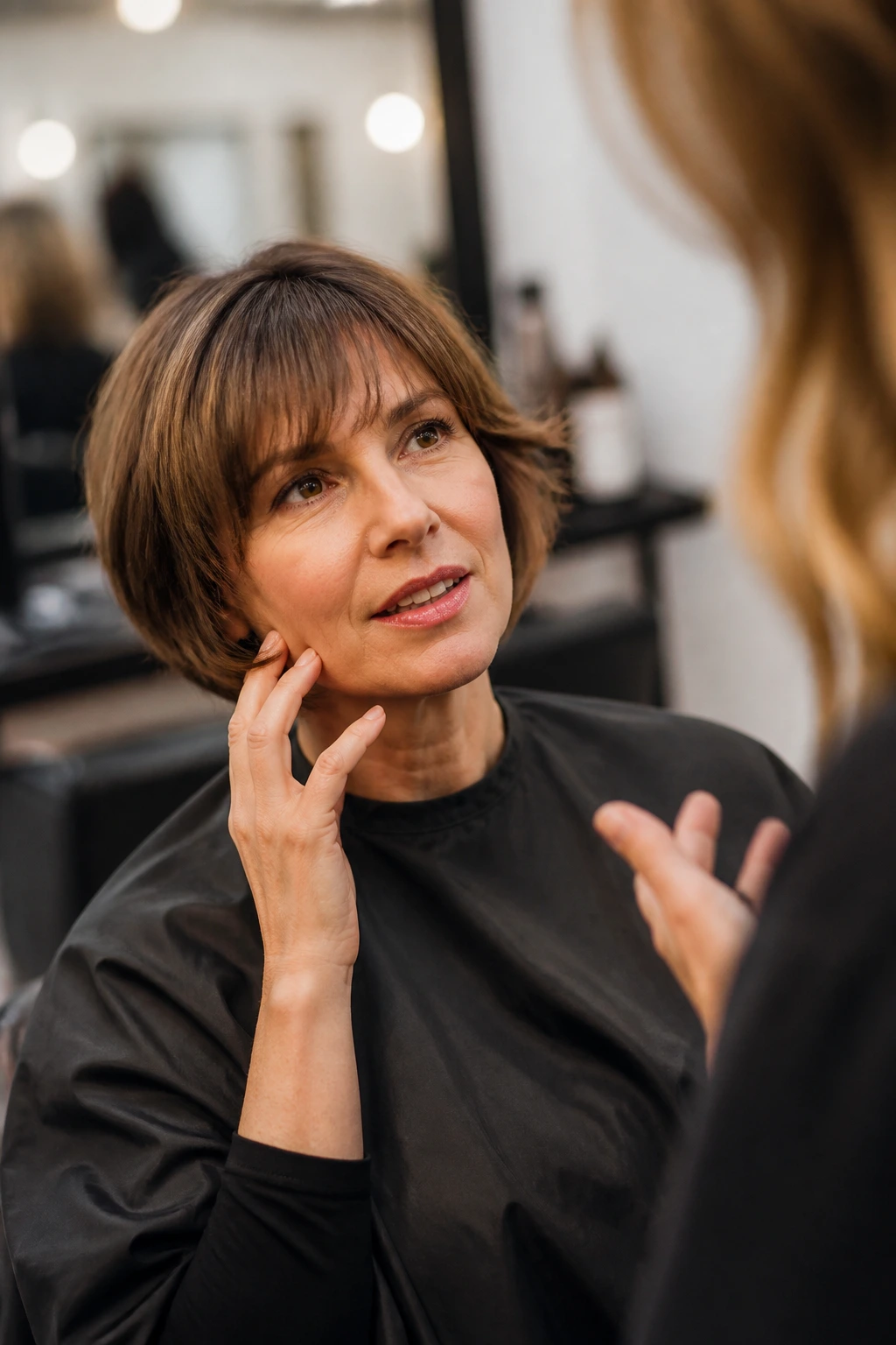 Real woman in a salon chair asking for a specific fringe