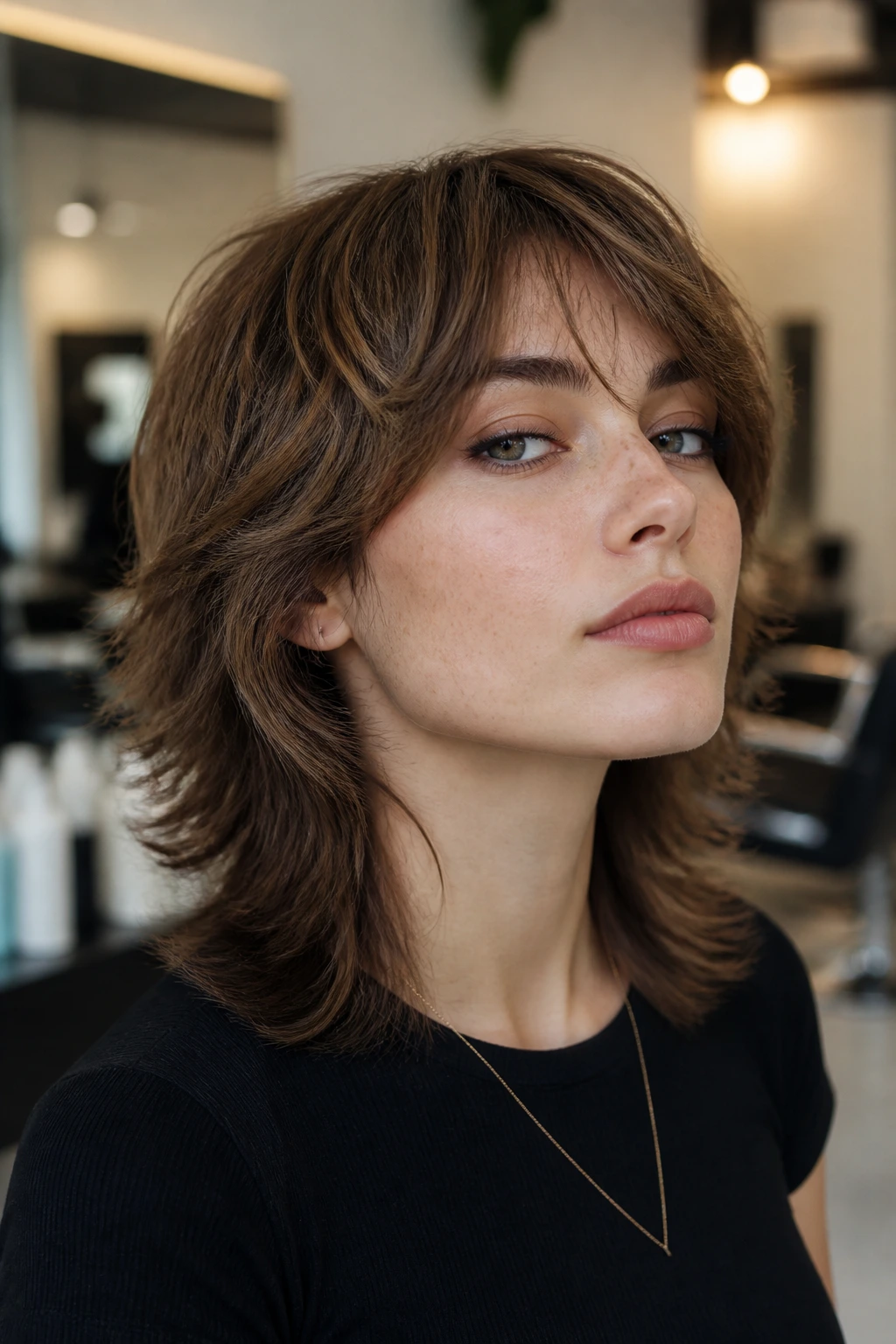 Close-up portrait of person with shoulder-length mullet in a salon looking confident