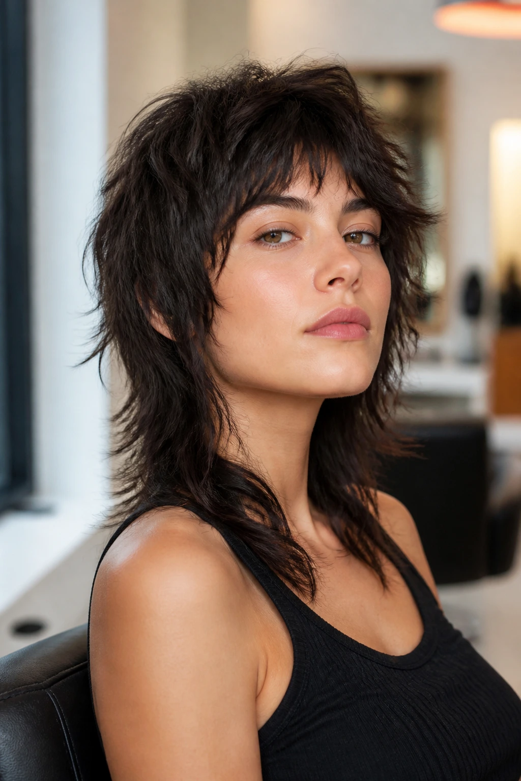 Close-up portrait of real woman with shaggy mullet in a salon showing texture and crown lift.