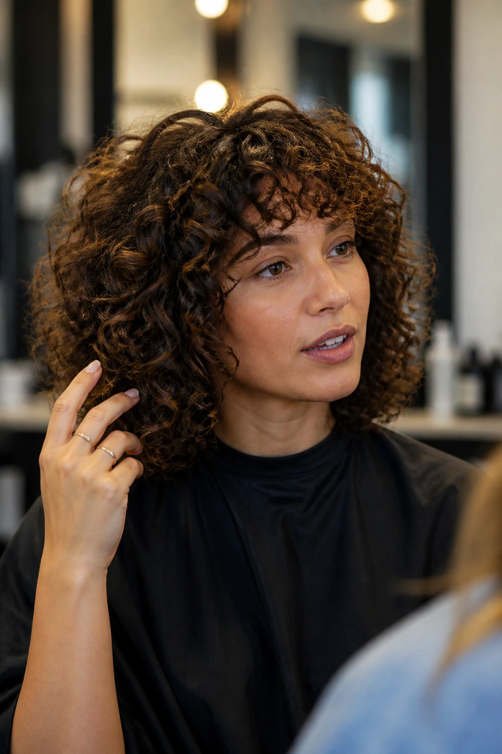 Real person in salon chair discussing haircut, crown and sides prepared for first snip.