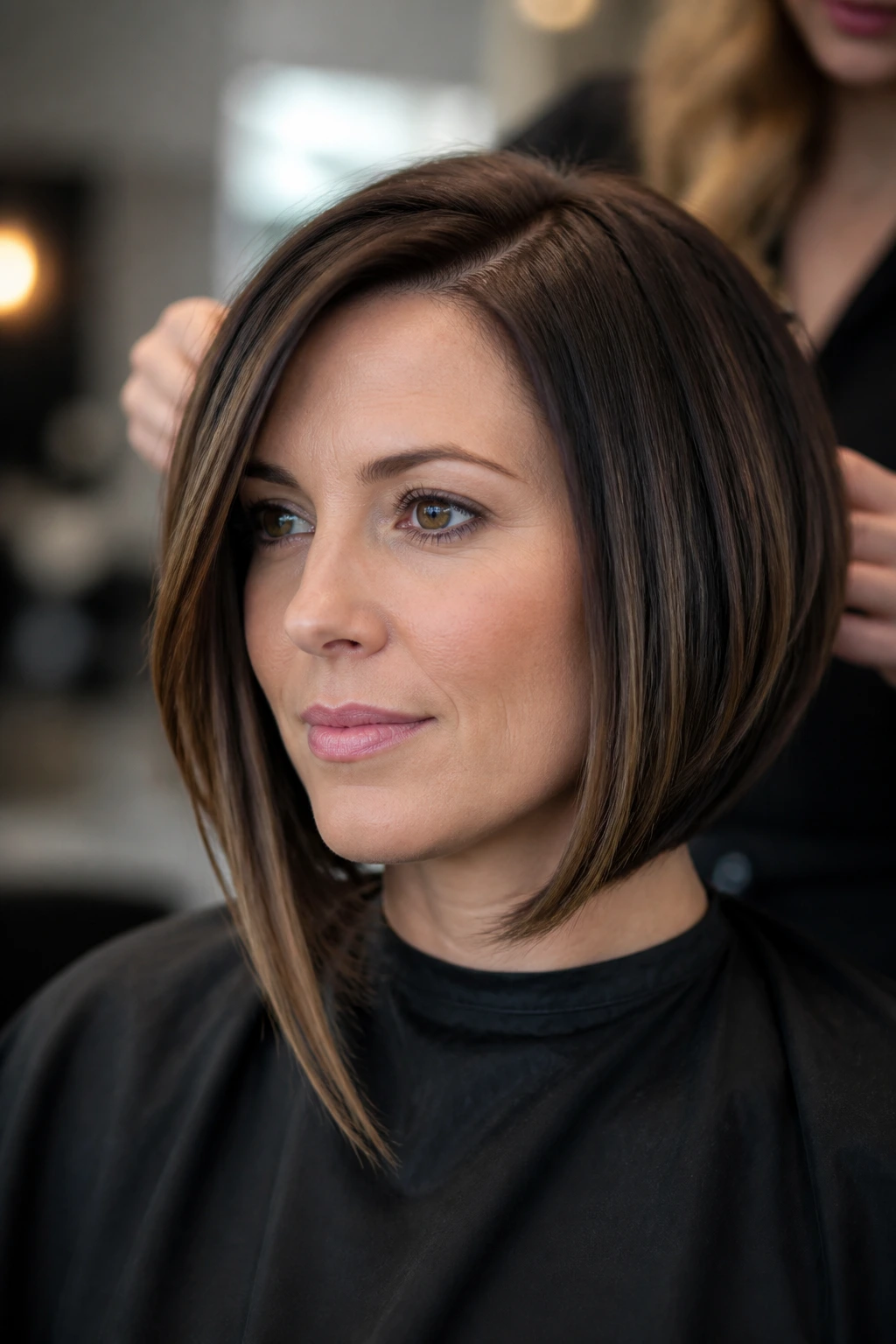 Portrait of a real woman in a salon discussing haircut before first snip