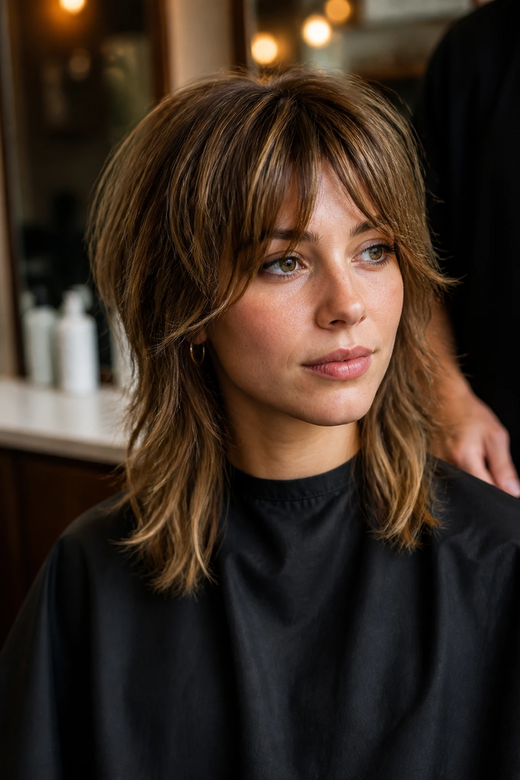 Salon scene with a real woman showing her fairy shag and face-framing