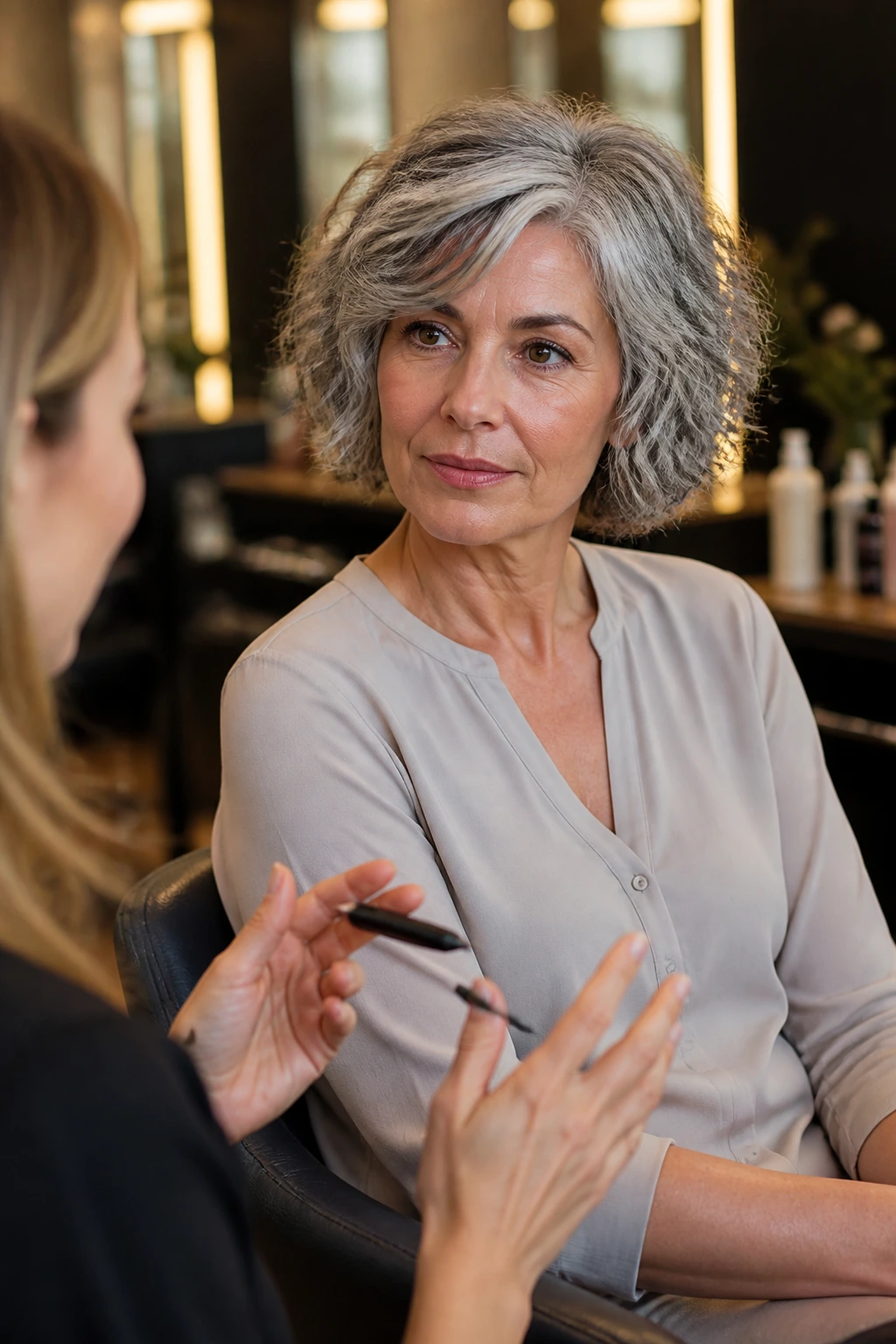 Portrait of a woman seated in a salon chair with a thoughtful expression