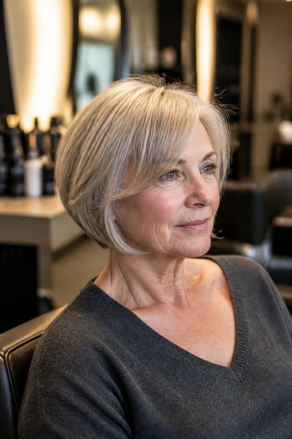 Portrait of woman in salon chair considering hairstyle questions