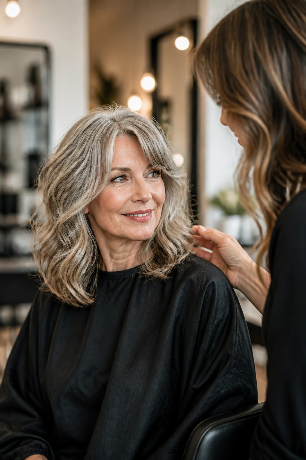 Medium close-up of a client in a salon consulting about hair shape