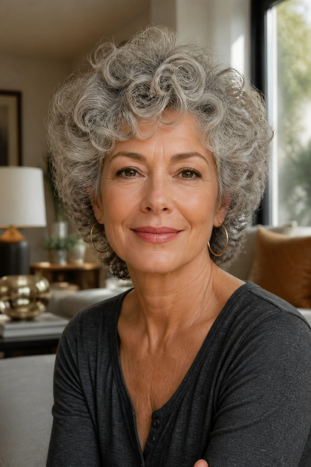 Real woman portrait with a balanced curly silhouette discussing cut in a calm salon-like setting.