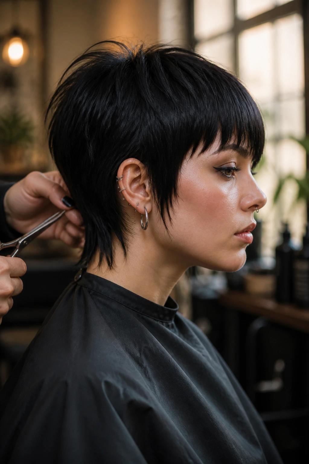 Goth short hair silhouette ready for first snip in salon.