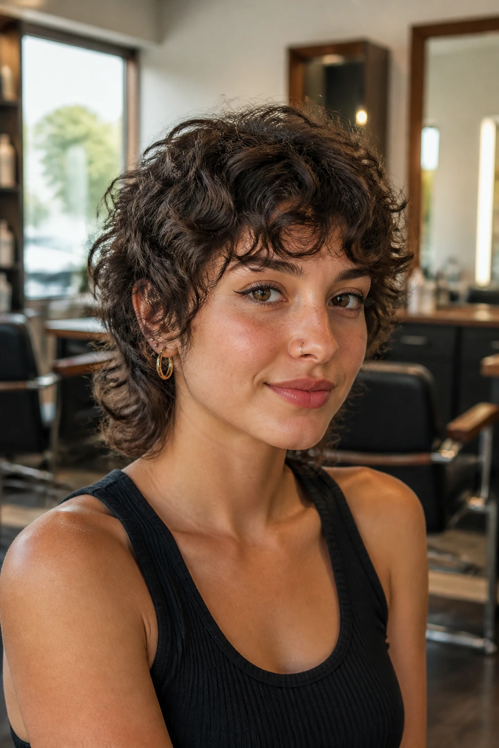Close-up portrait of a client in a salon discussing haircut details for wolf shag
