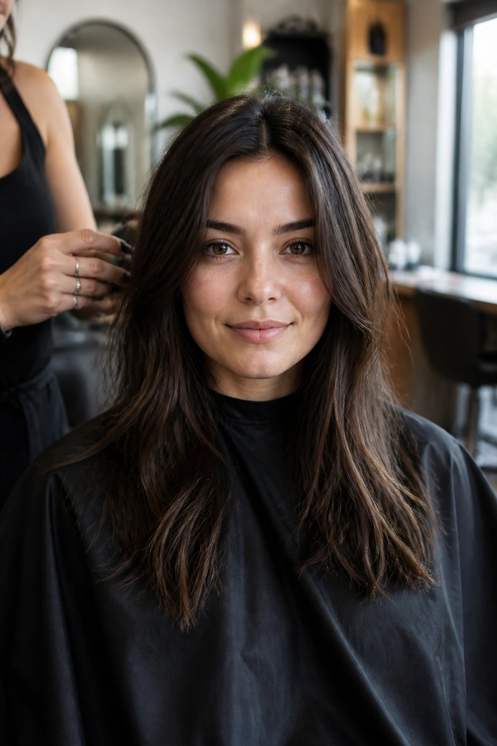 Portrait of a client in a salon chair with long hair, ready for the first cut.