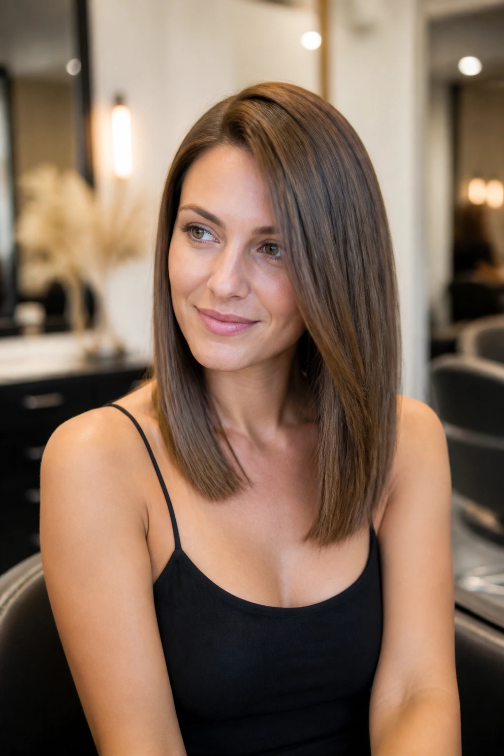 Close-up of a real woman in a salon chair with a subtle angled haircut and side part.