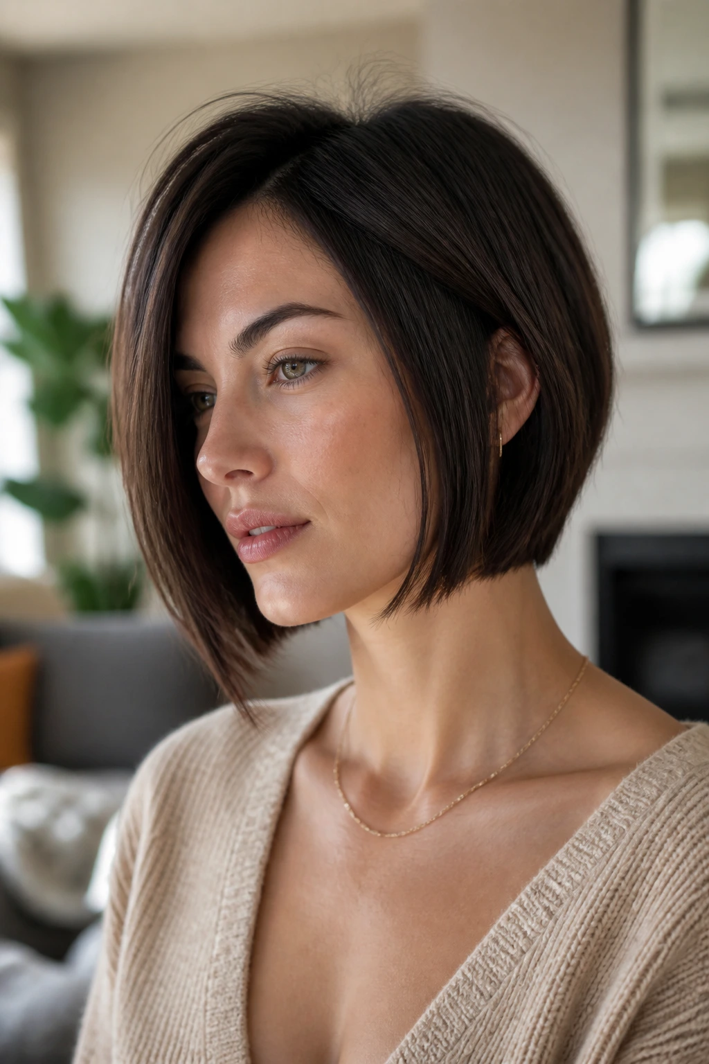 Close-up portrait of a real woman with a subtly angled asymmetrical bob in natural daylight