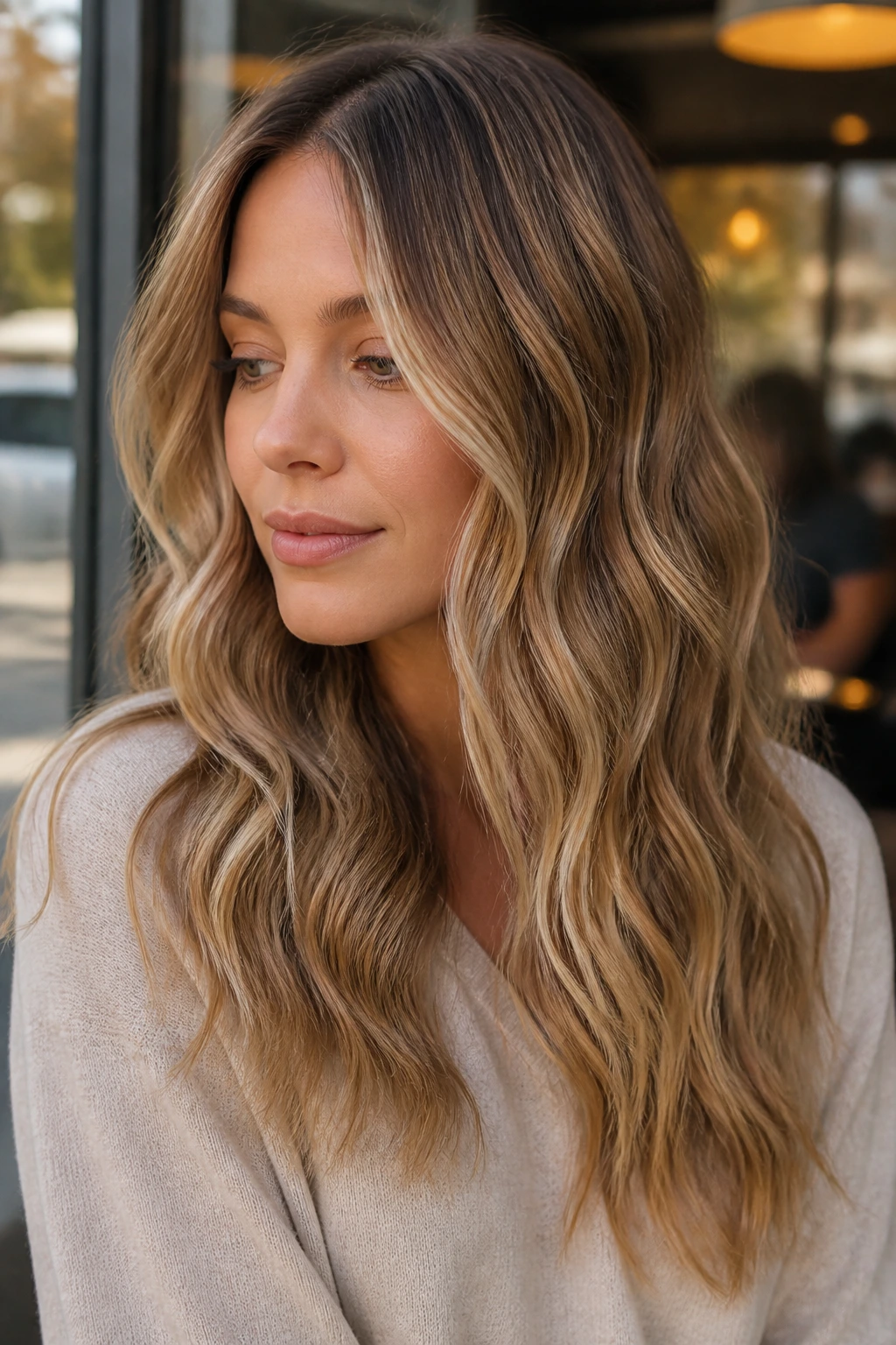 Real woman with subtle babylights balayage in soft waves