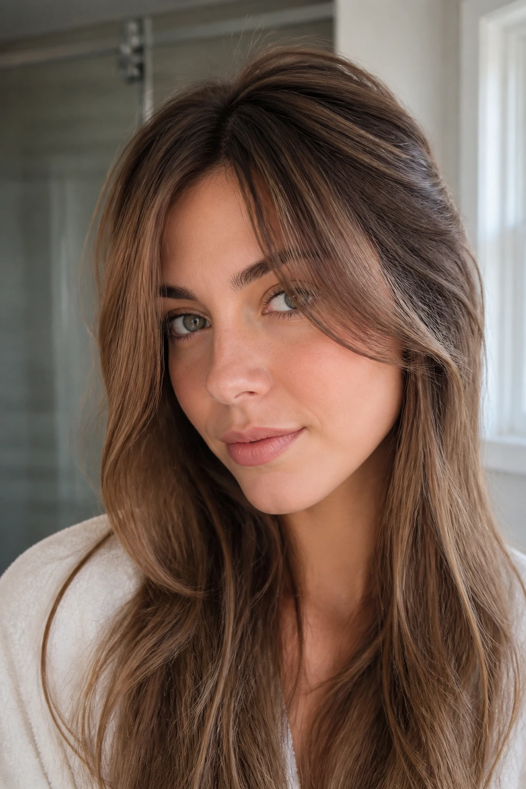 Close-up portrait of a real person with subtle face-framing bangs styled to keep volume at roots.