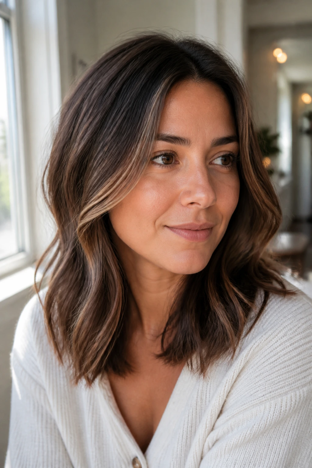 Close-up of brunette hair with subtle babylights near the face