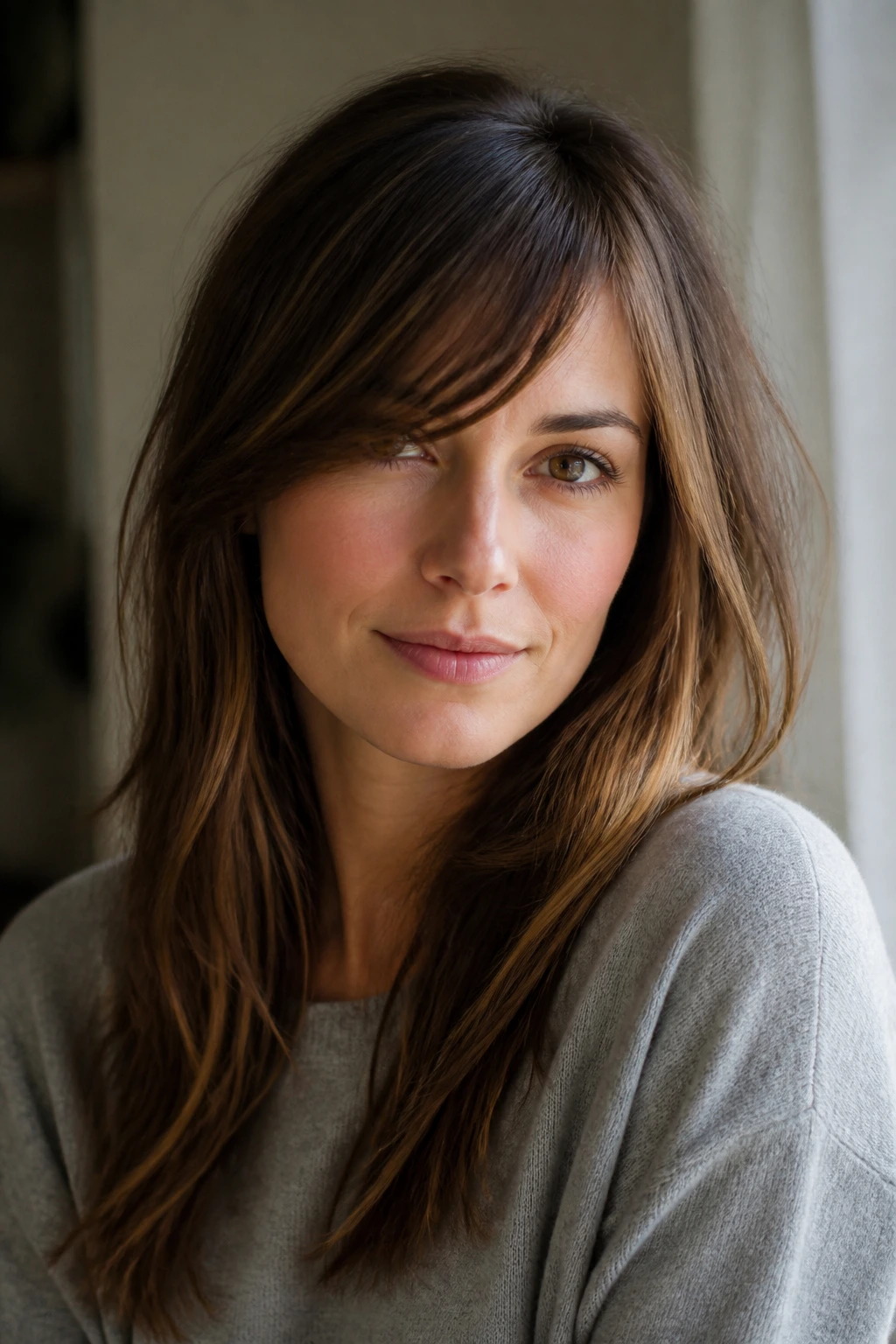 Subtle side-swept fringe framing cheekbones