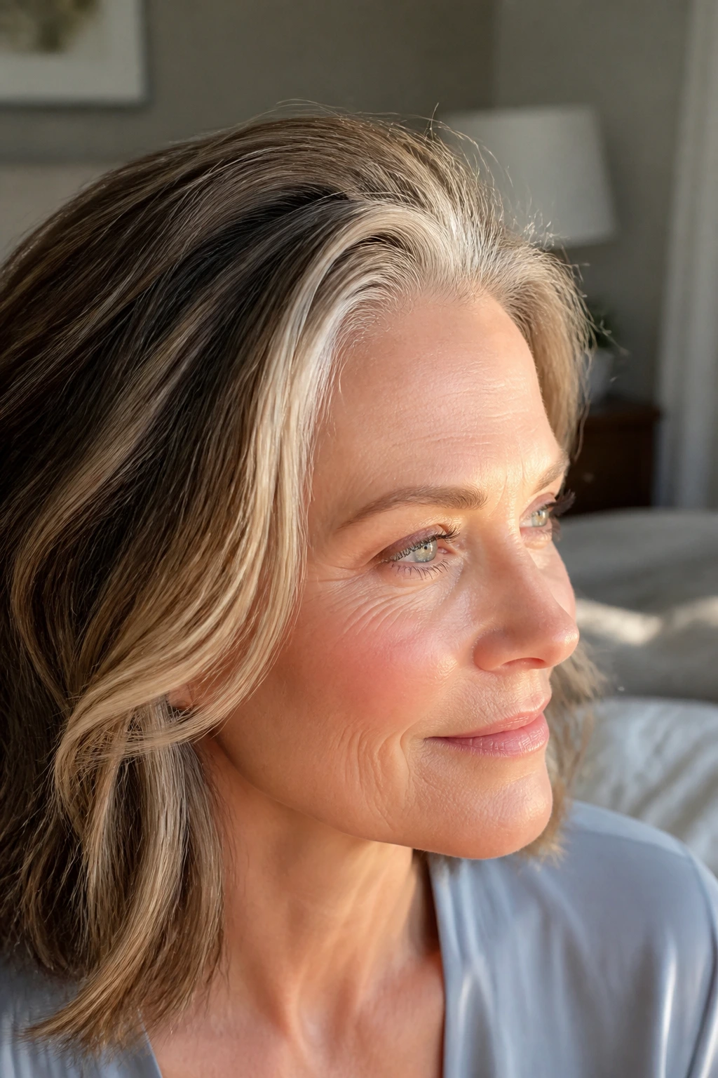Close-up of a woman's hairline with subtle highlights softly fading into the base