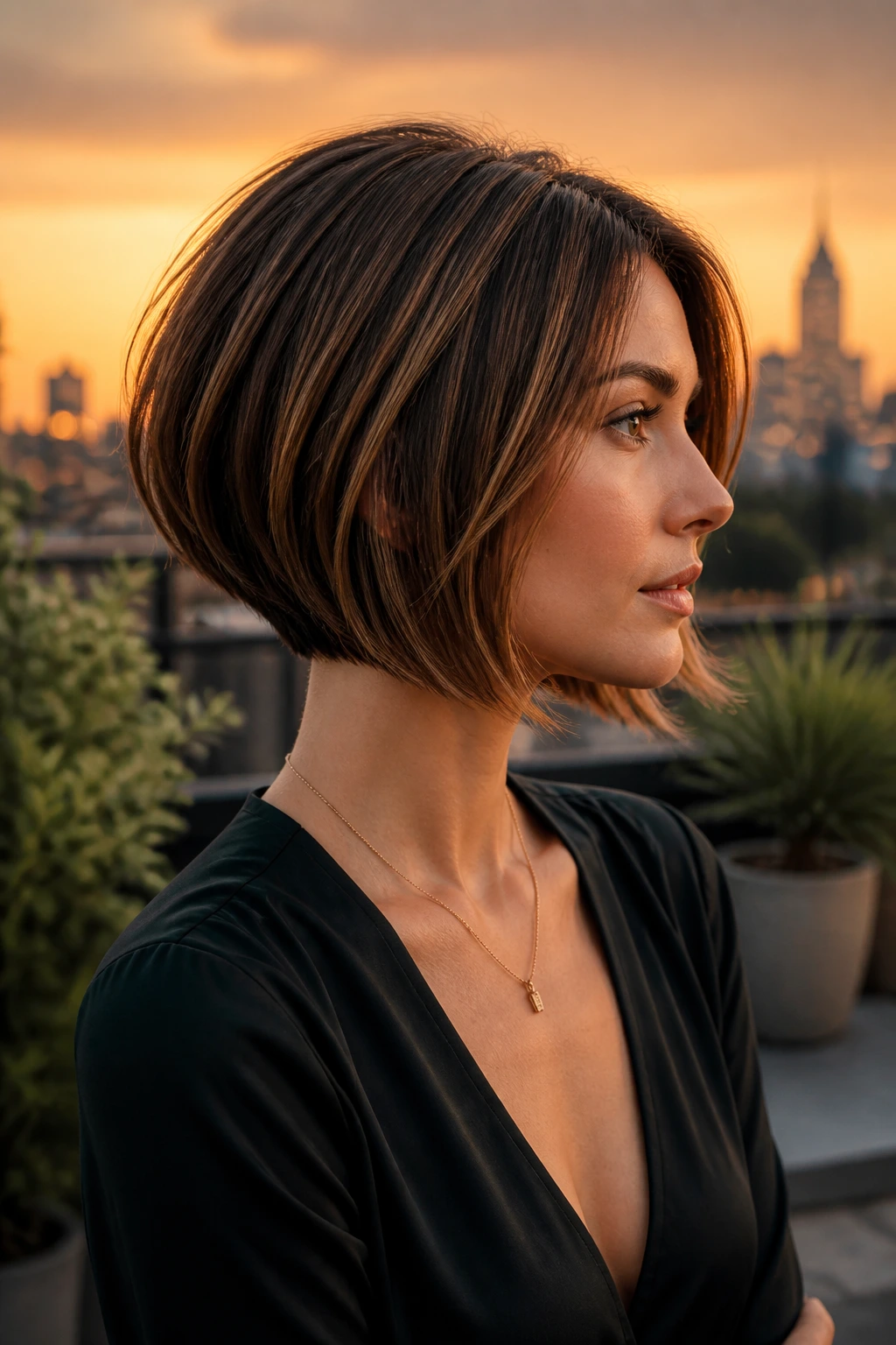 Side-profile of a woman with subtle inverted Italian bob