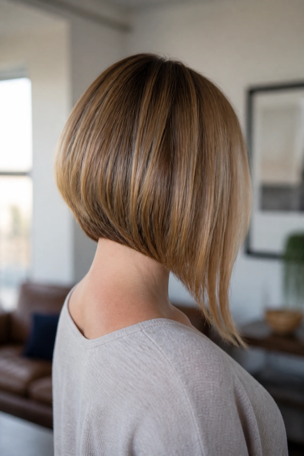 Back view of a real woman with a subtle inverted lob