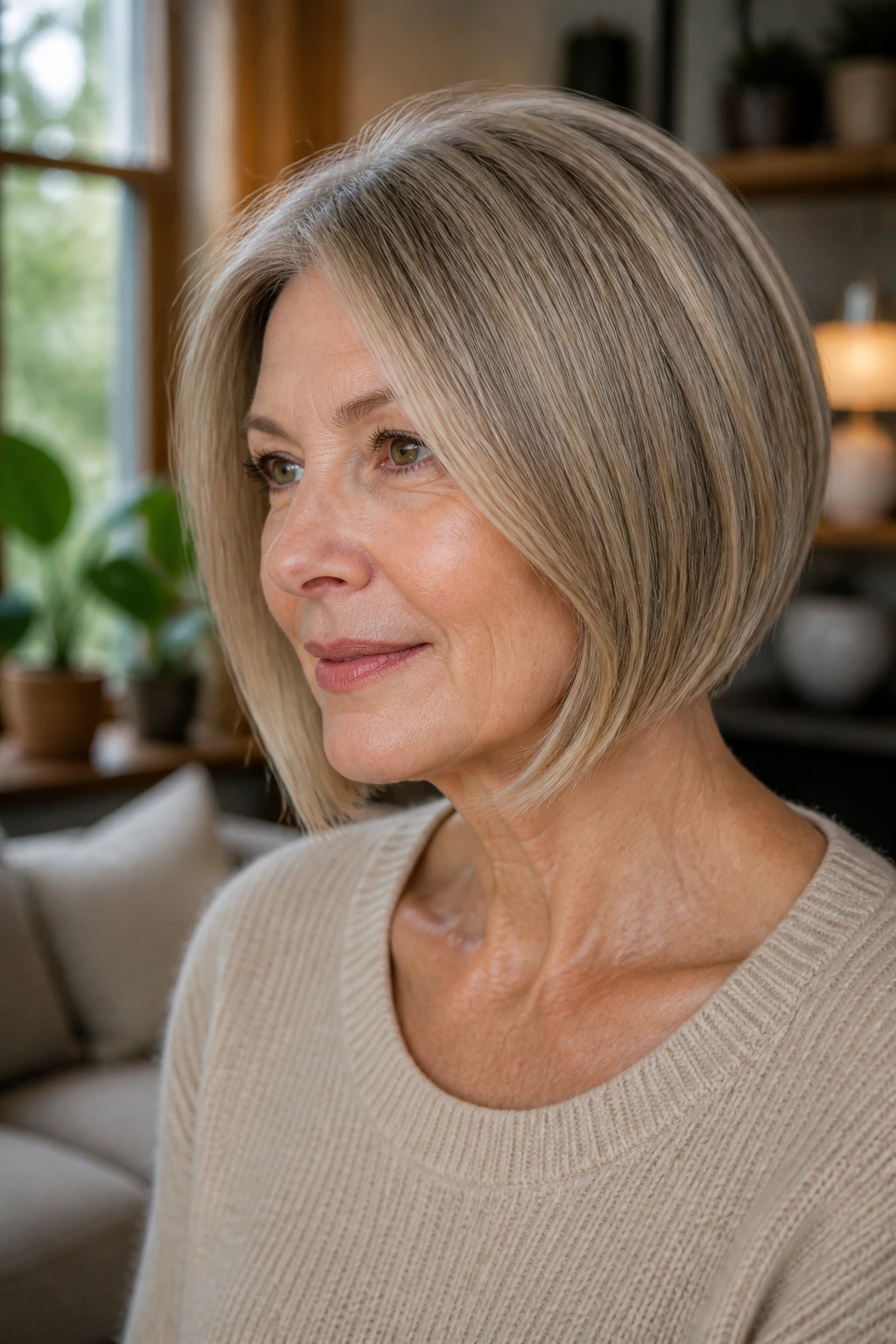 Close-up portrait of a real woman with a subtle inverted lob hairstyle, warm window light.