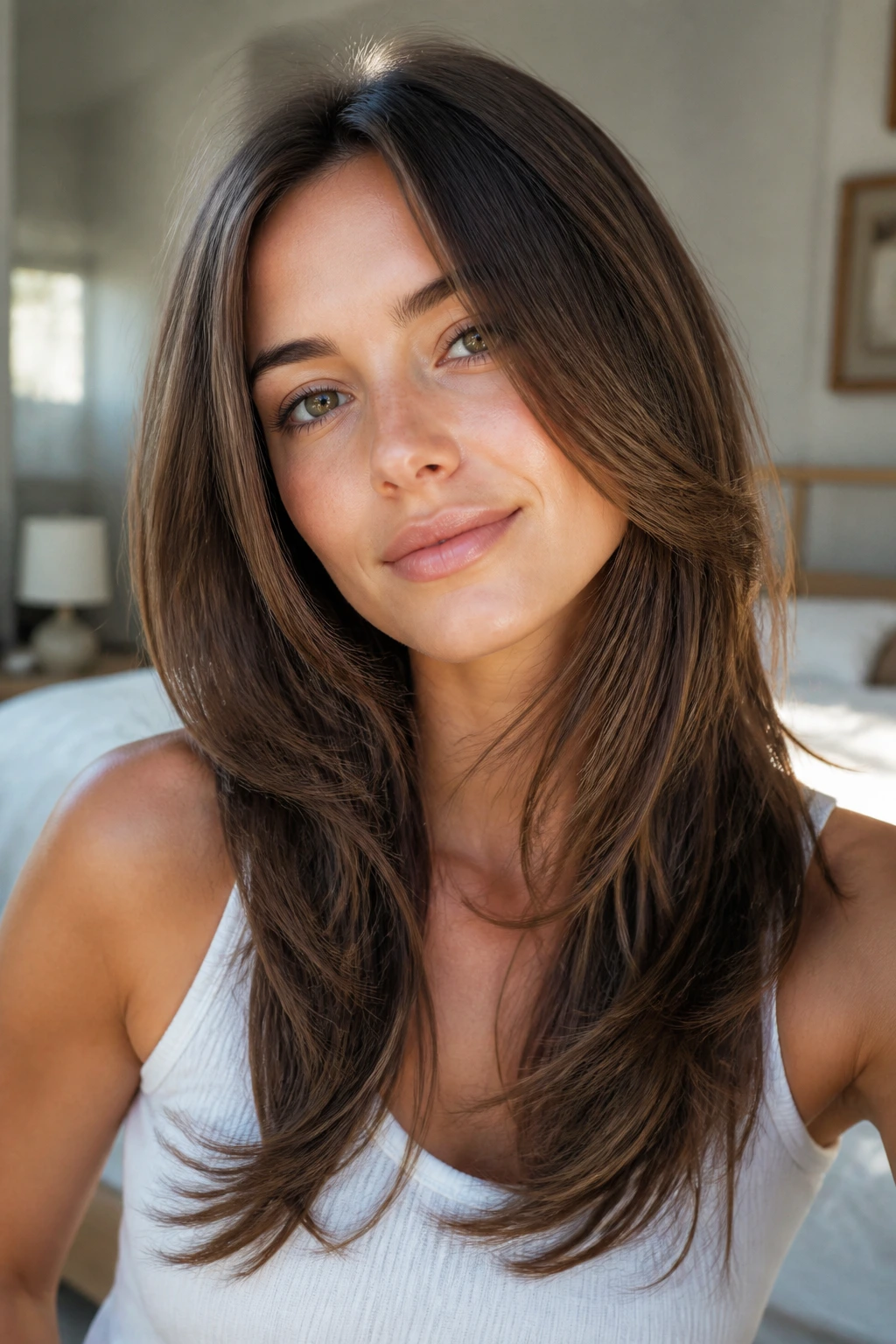 Close-up of a real woman with subtle long layers starting below the cheekbone.