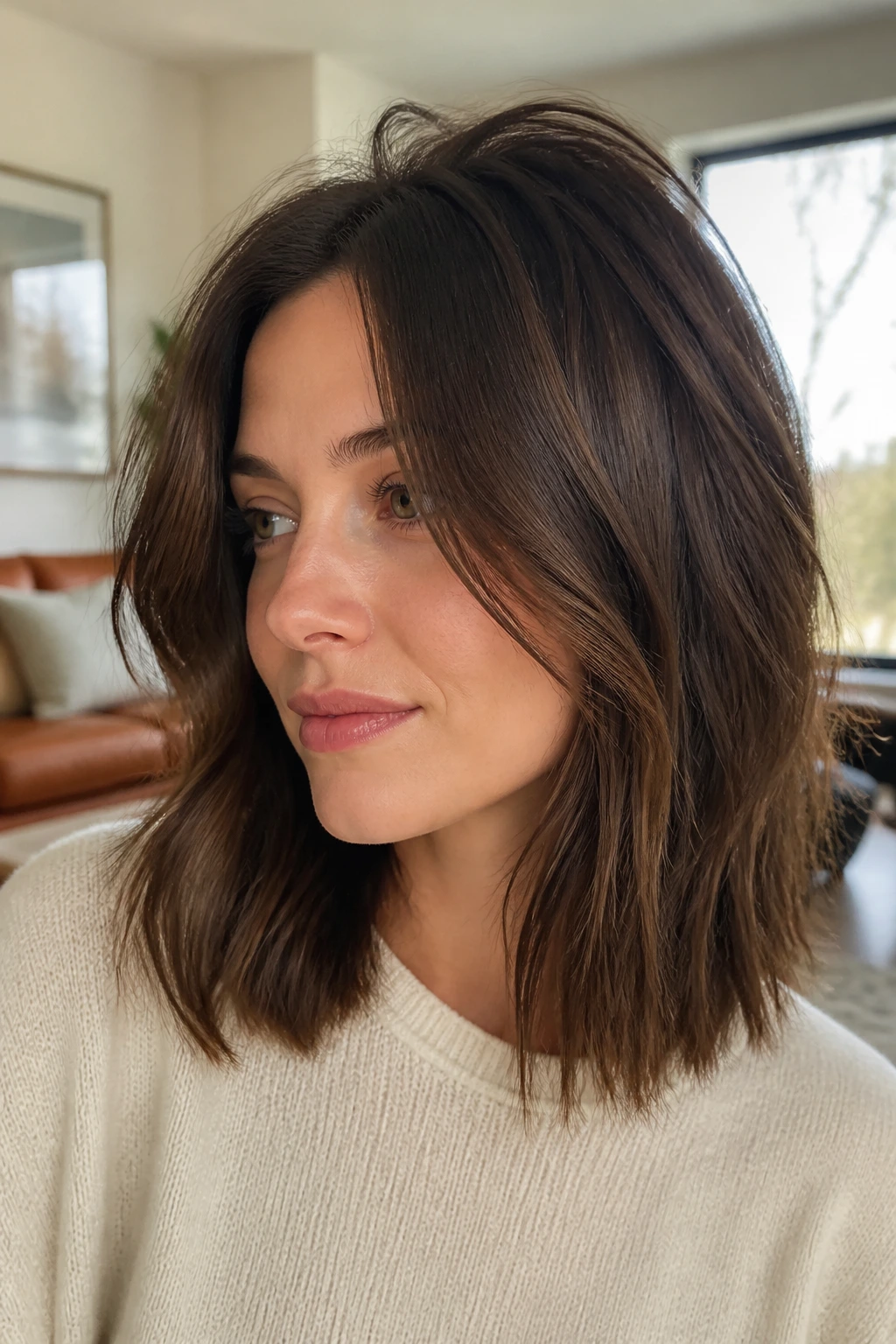 Real woman with subtle shag lob and light crown lift in natural light.
