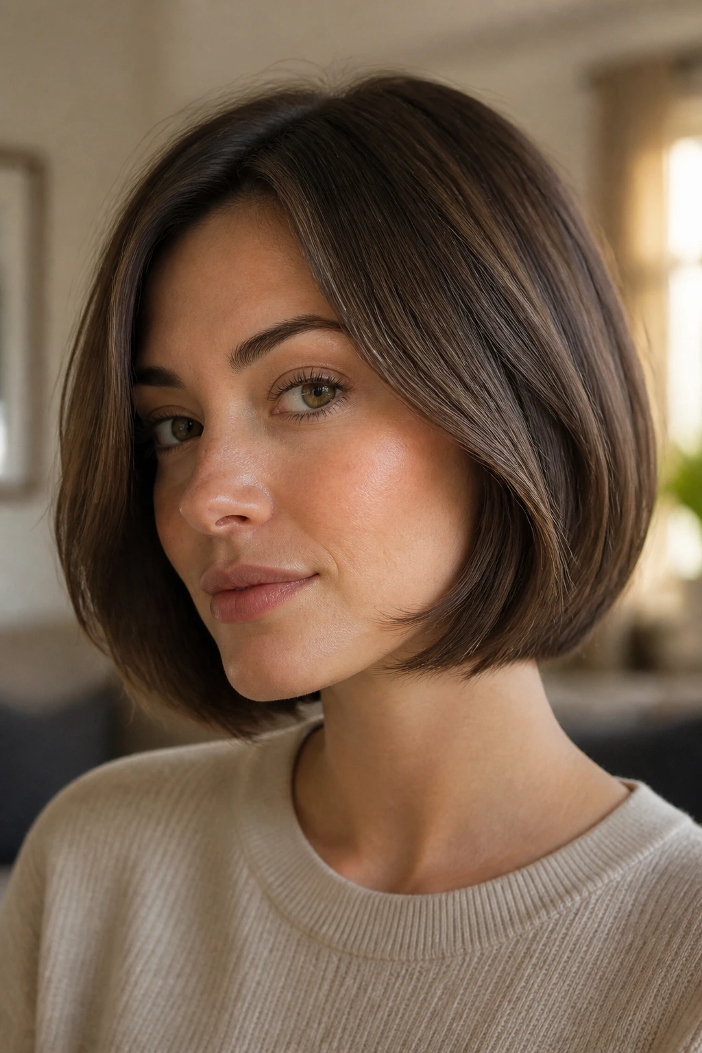 Close-up portrait of a real woman illustrating small adjustments in bob shape
