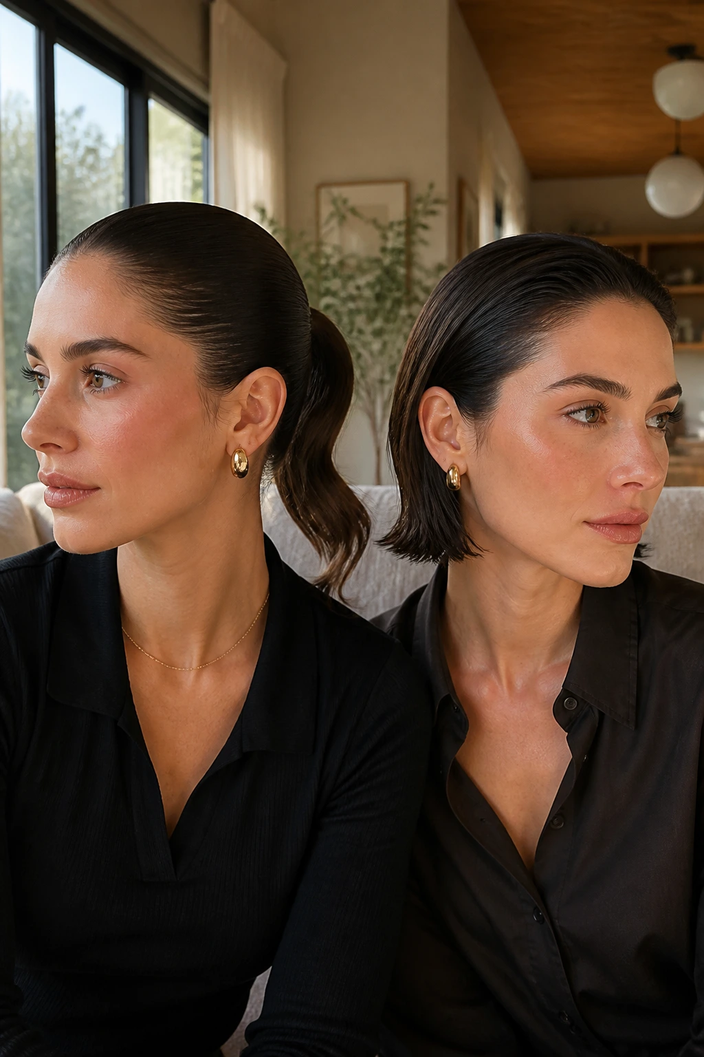 Close-up of a woman with slight bend in ponytail and tucked bob ends in a cozy setting