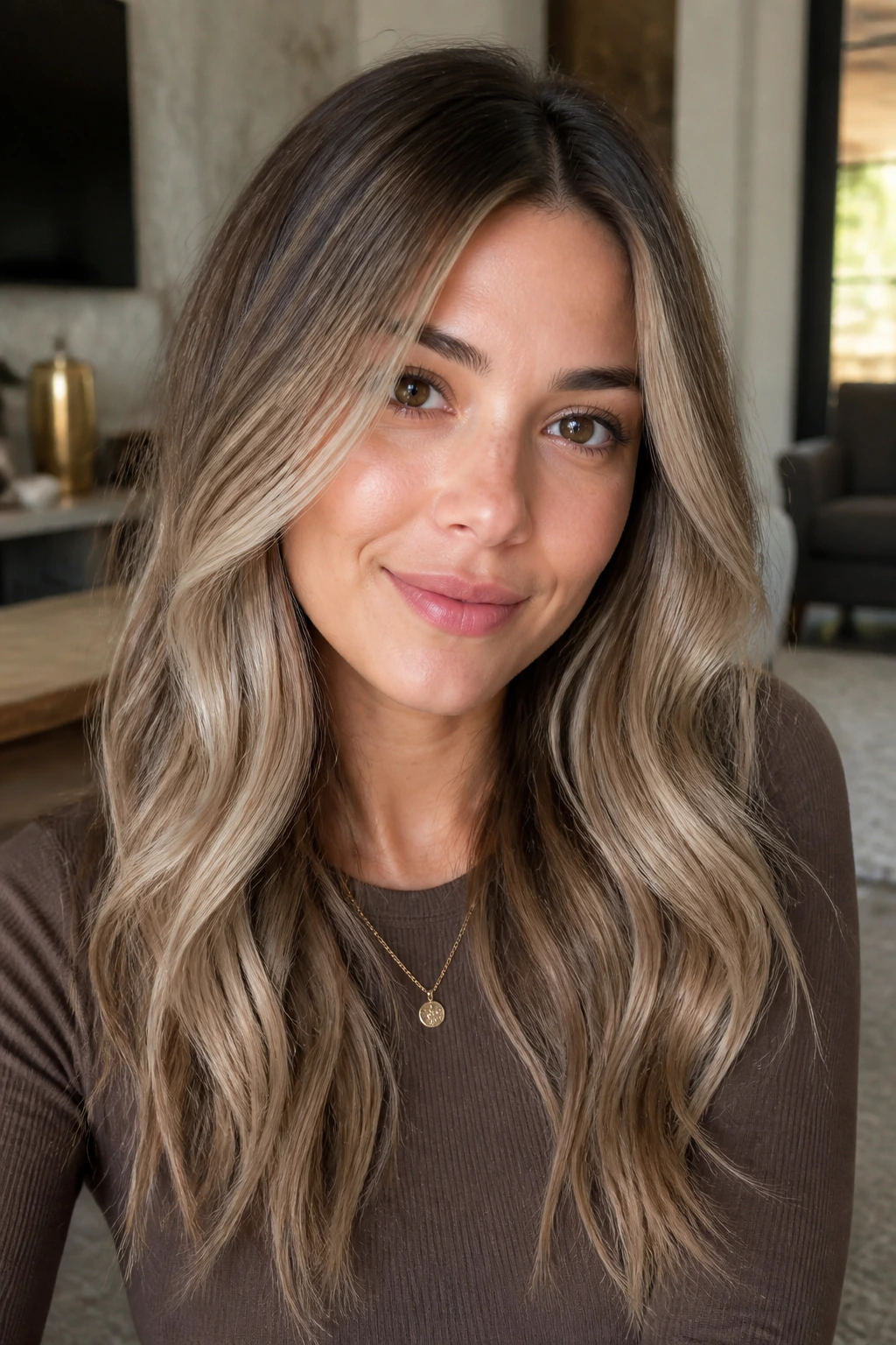 Close-up portrait of a real woman with suede blonde gloss on brunette hair.