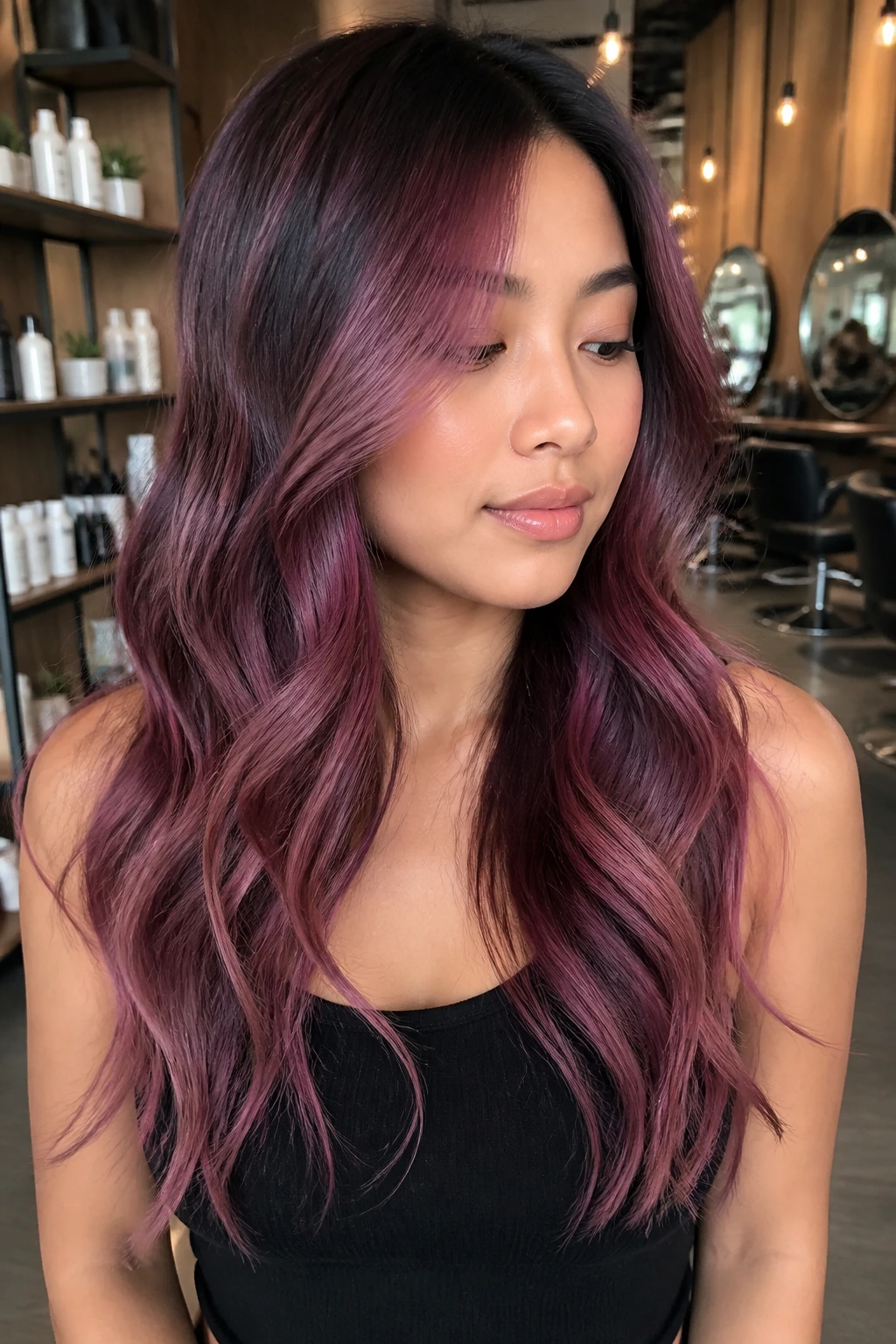 Portrait of a real woman with plum-pink balayage and soft fade on long hair.