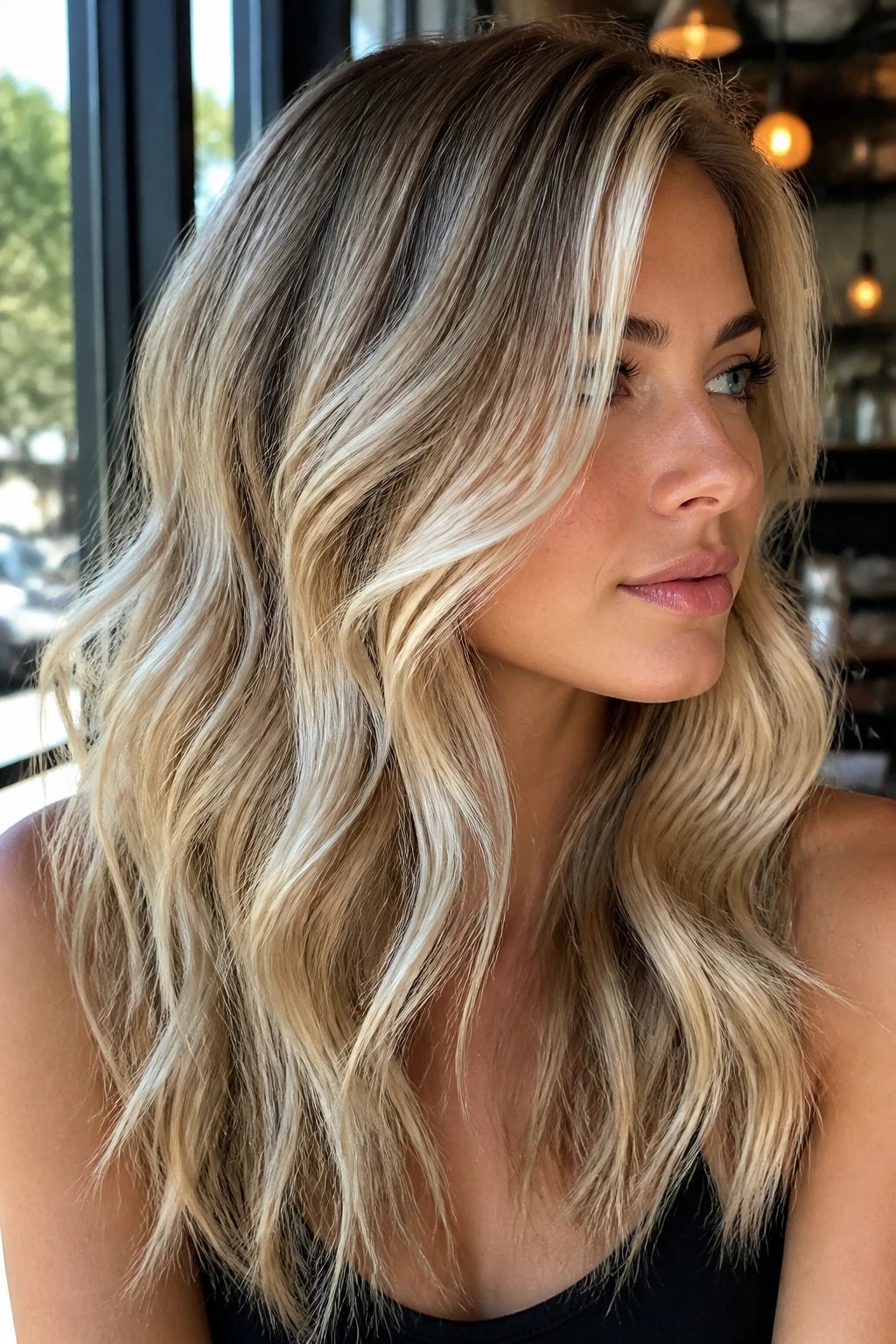 Close-up of a real woman with bright summer blonde look by a sunny window.