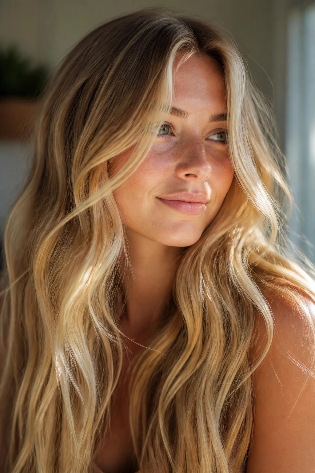 Close-up portrait of sunlit blonde hair representing the collection on a real person