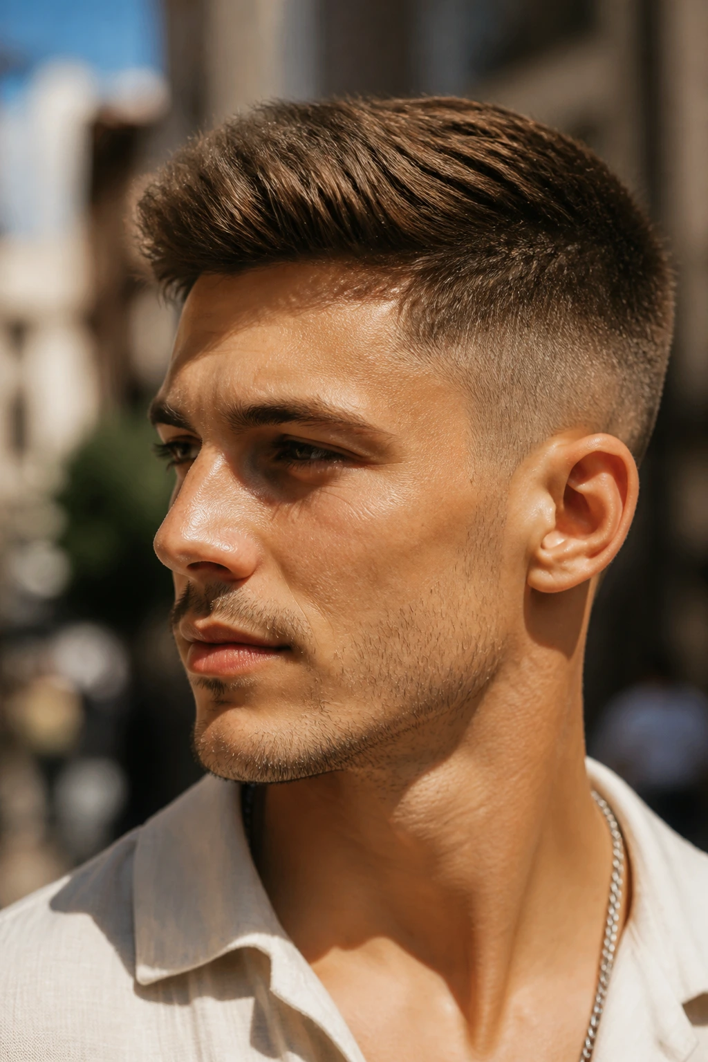Close-up portrait of a man with a matte, summer-friendly haircut in sunny outdoor light